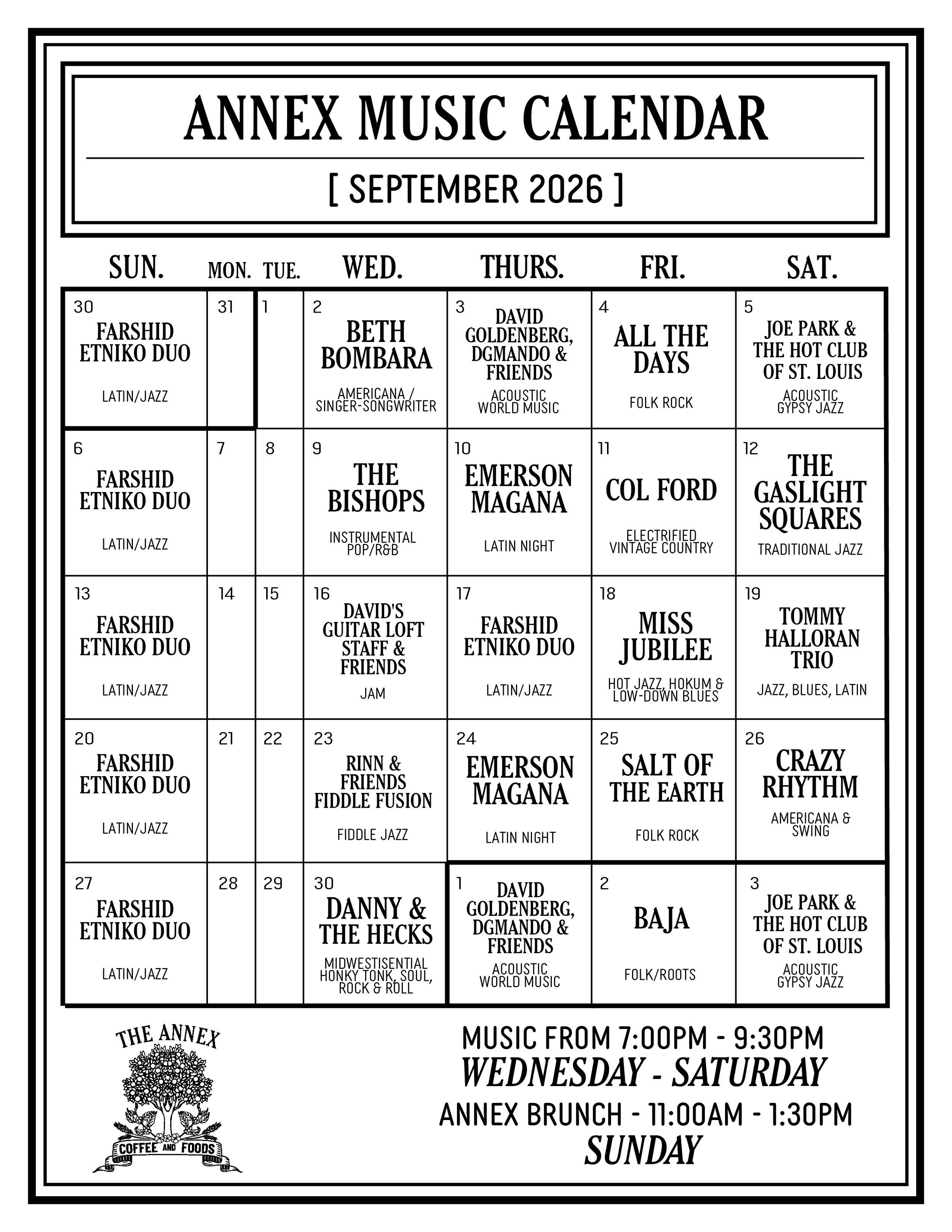 September Annex Music Calendar