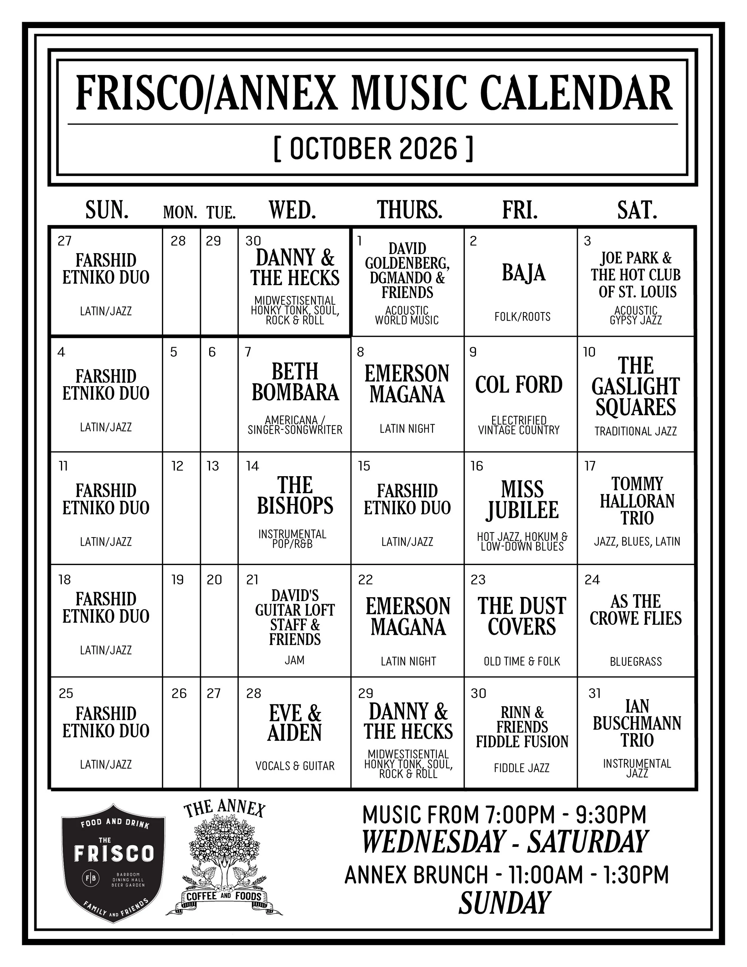 Frisco/Annex October 2026 Music Calendar