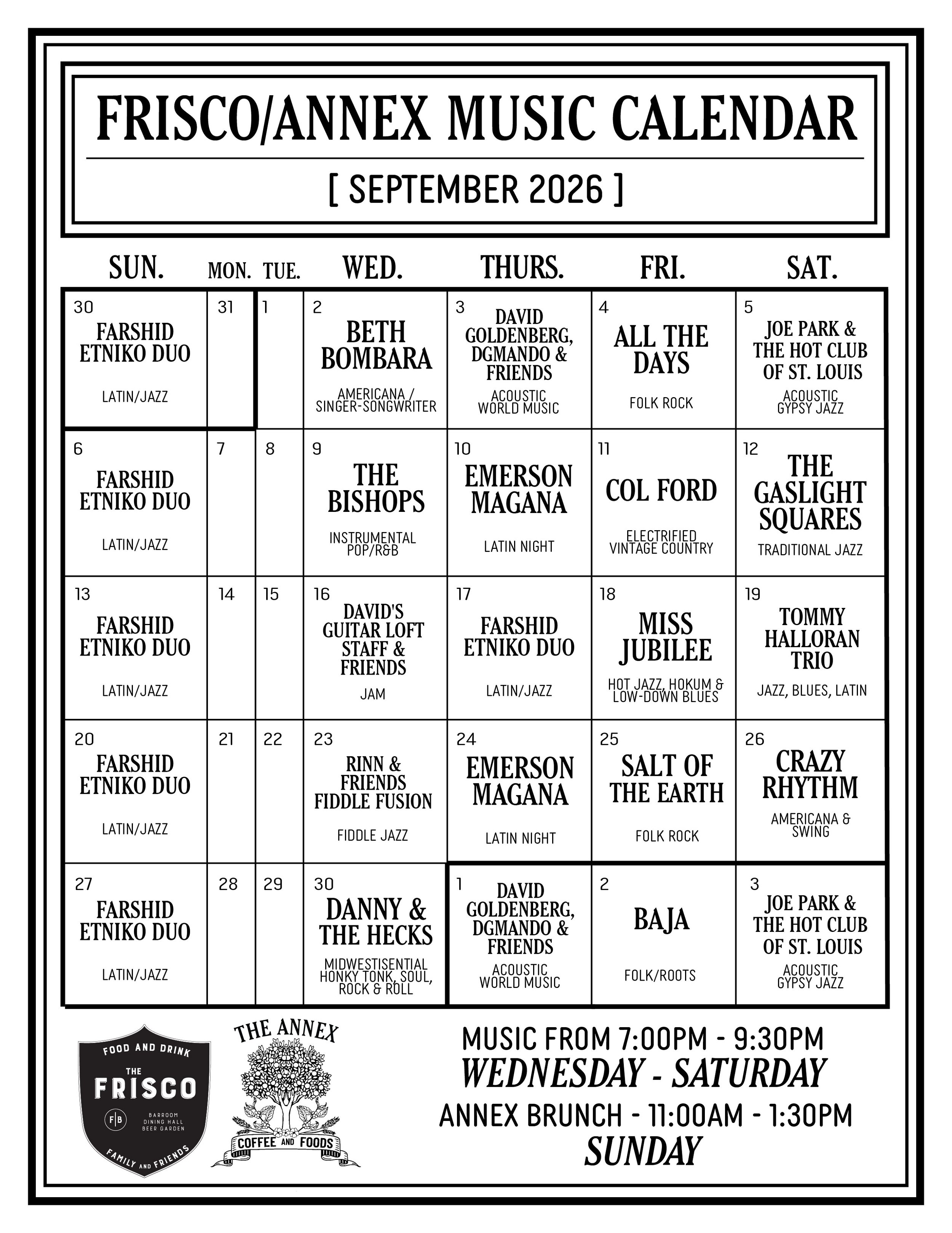 Frisco/Annex September 2026 Music Calendar