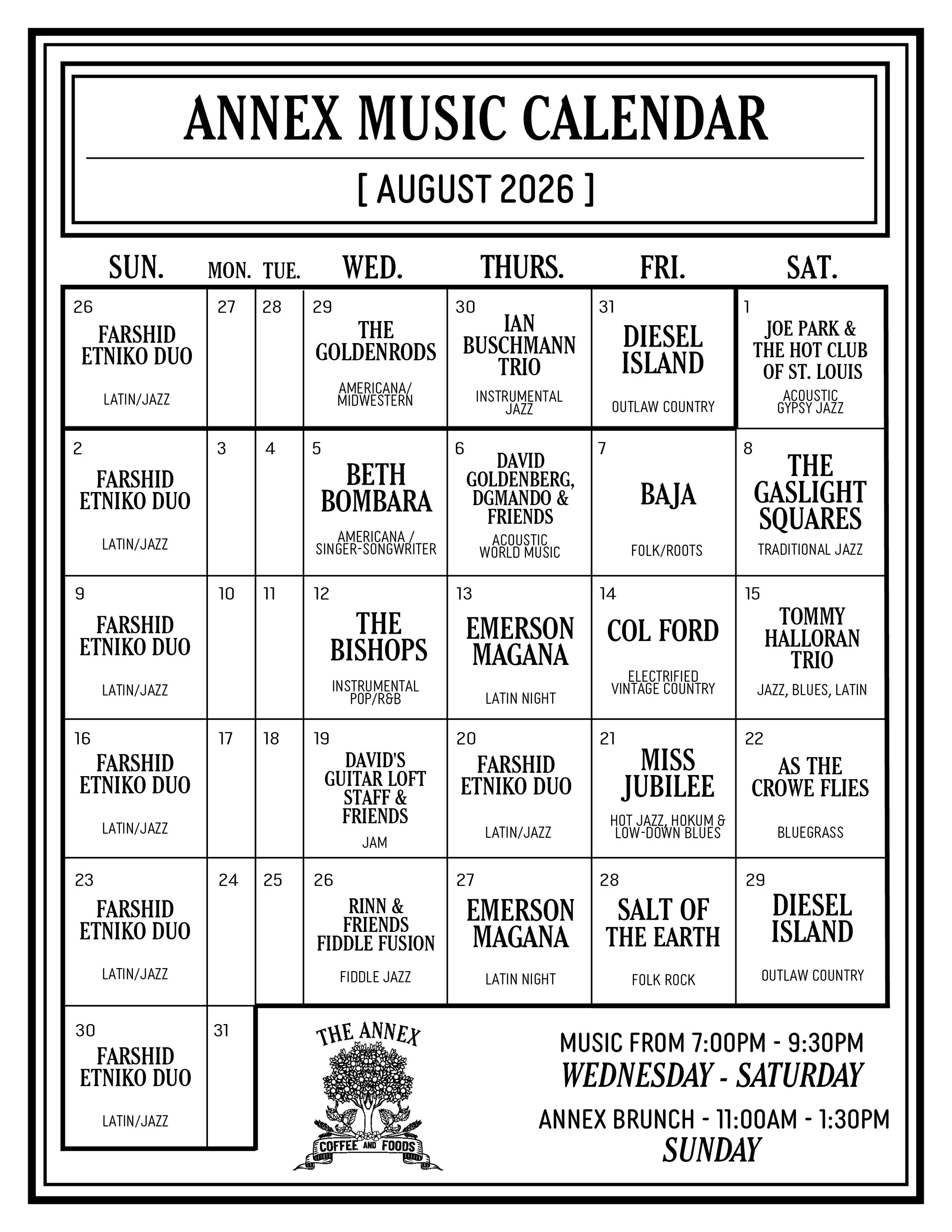 August Annex Music Calendar 2026