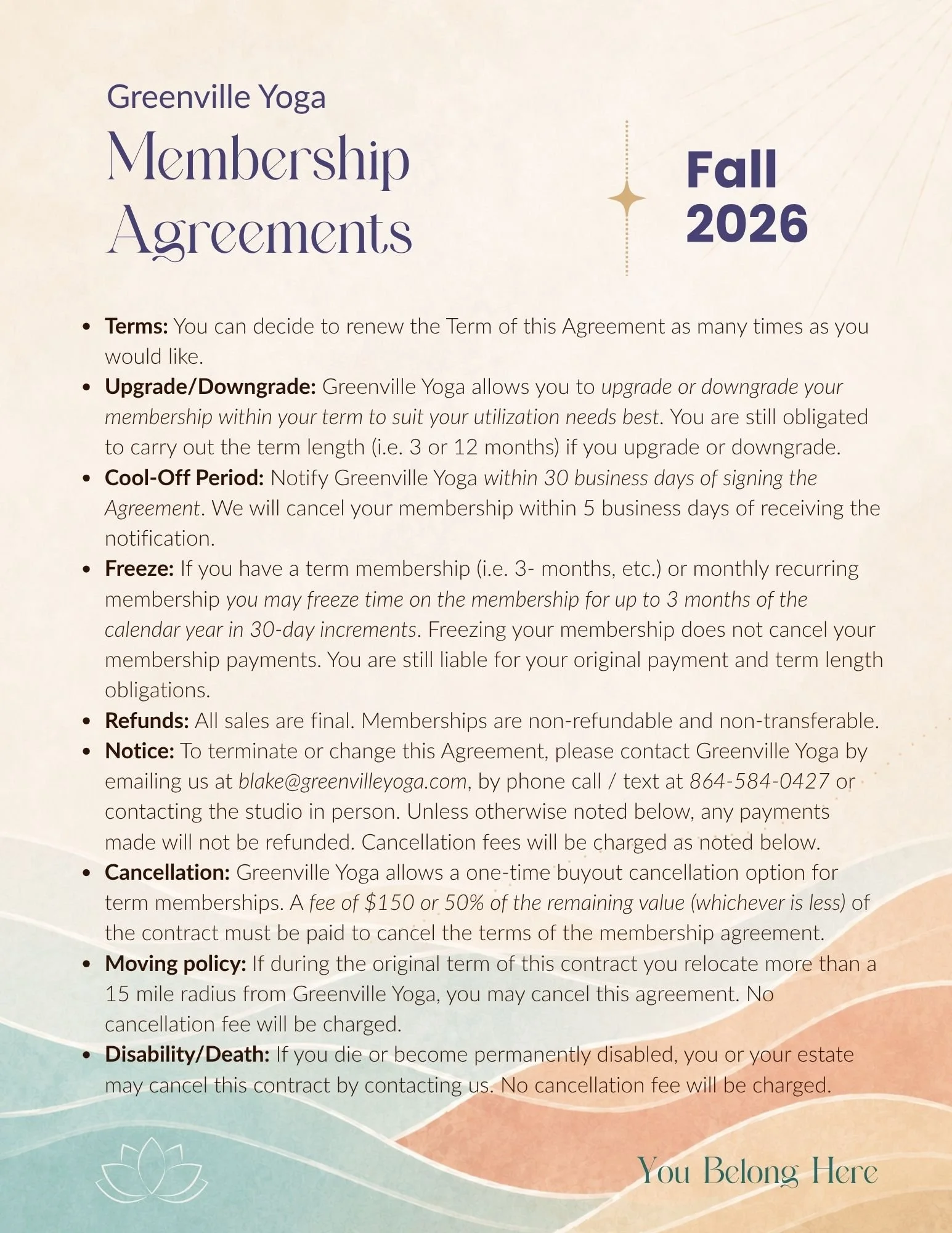 Text seen in a brochure for Greenville Yoga Membership Agreements for Fall 2026, including terms, cancellation, refunds, and policies with colorful background design and a lotus flower graphic at the bottom.
