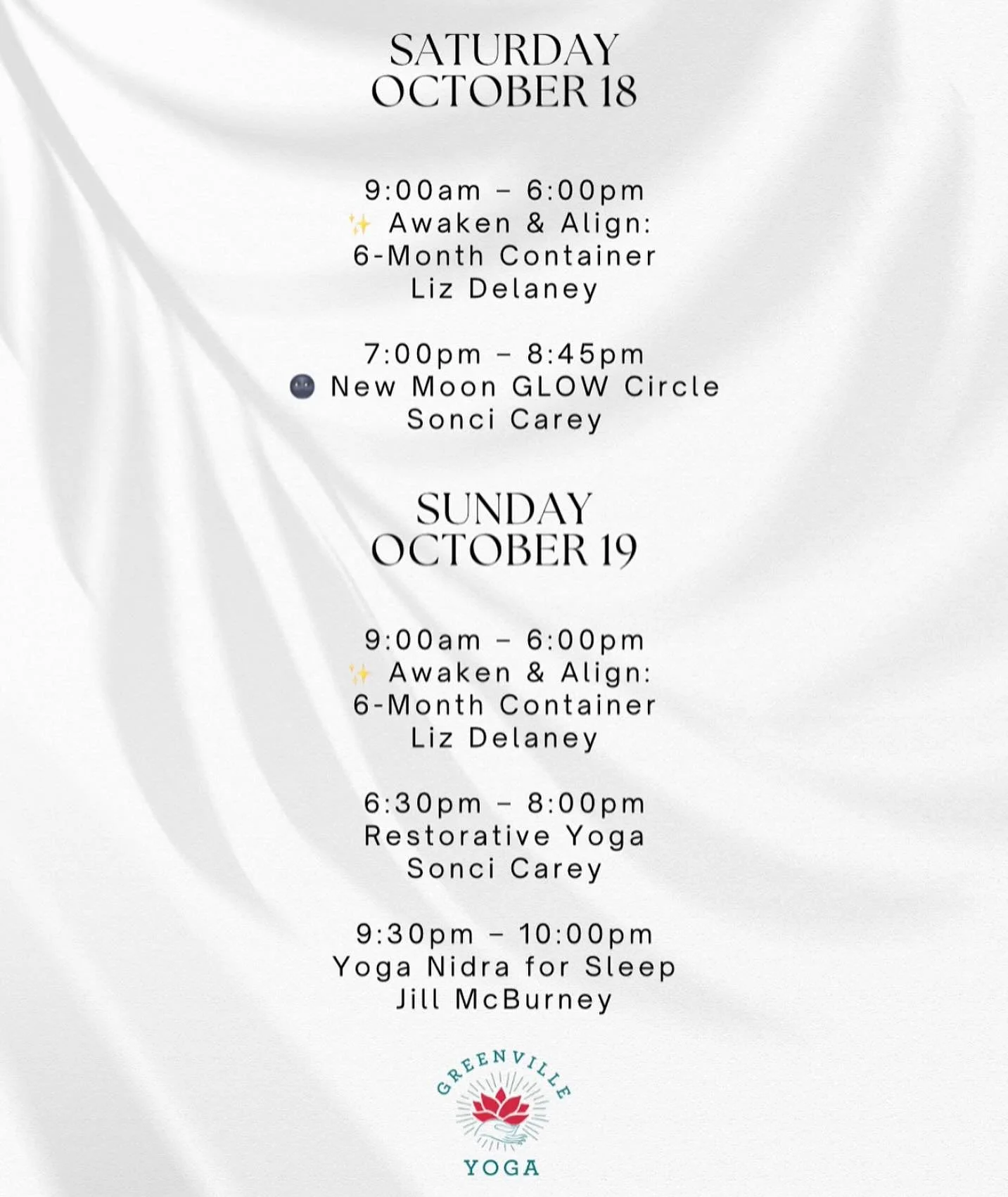 This weekend&rsquo;s schedule will look a little different! ✨
We&rsquo;re starting our Awaken &amp; Align 6-Month YTT, and there are two spots still available!
If you&rsquo;d like to join, visit our website to learn more about this incredible course.