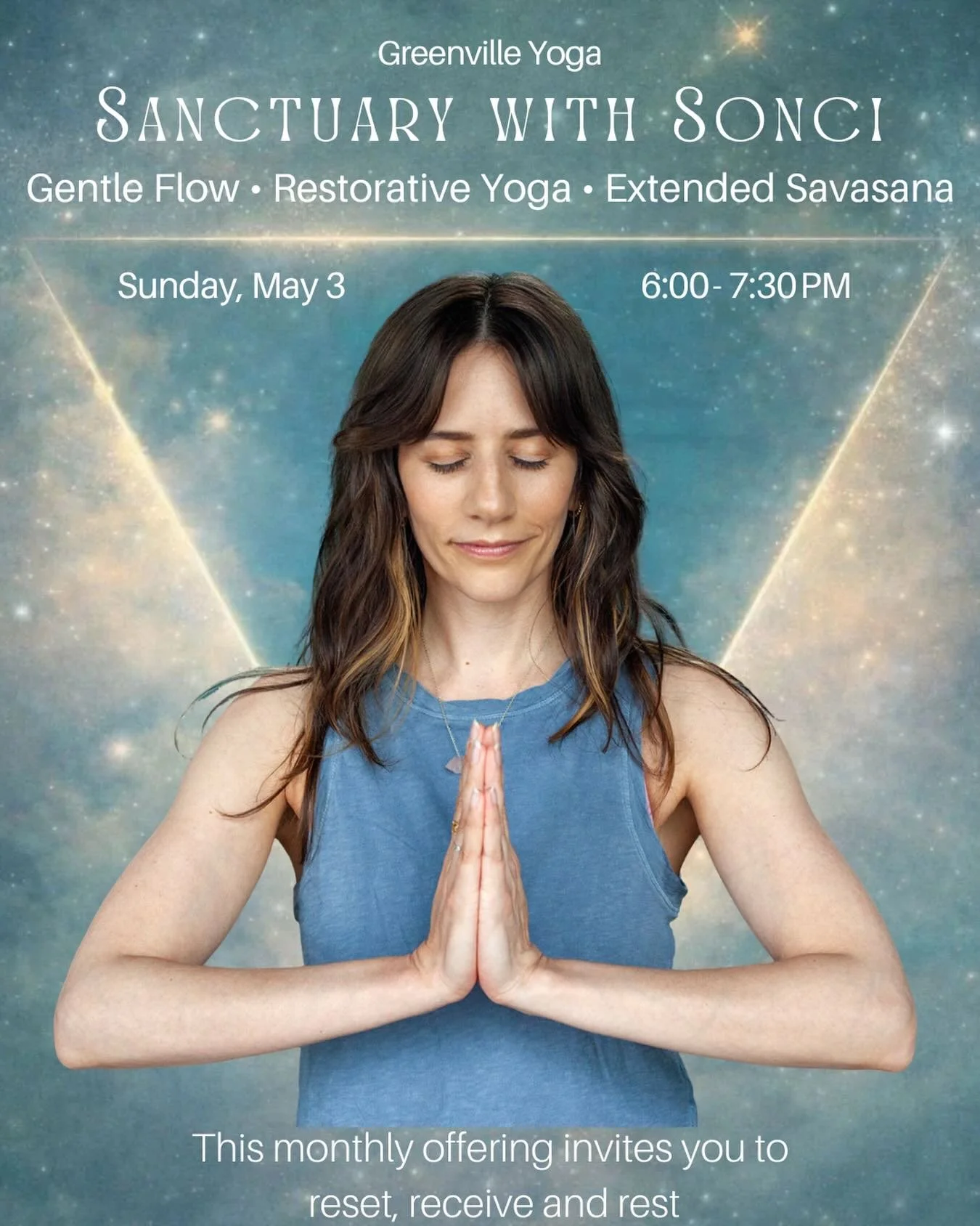 Sanctuary: Gentle Flow | Restorative Yoga | Extended Savasana 

Led by Sonci 

Sunday, May 3
6:00 - 7:30 PM
Greenville Yoga

Let Sunday be your Sanctuary with Sonci. This monthly offering invites you to reset, receive and rest. Class will weave toget