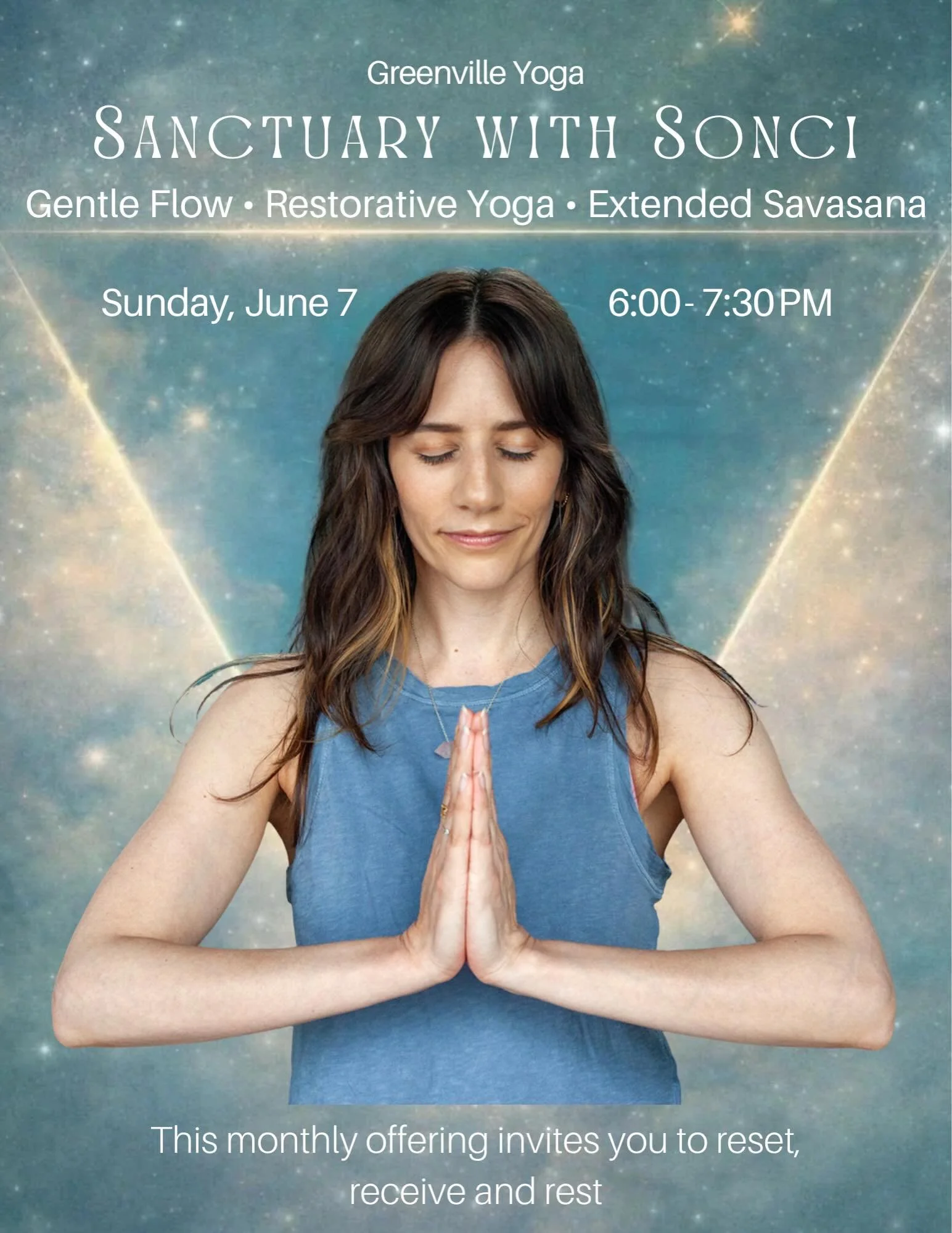 TODAY 💫 Sanctuary: Gentle Flow | Restorative Yoga | Extended Savasana 

Led by Sonci 

Sunday, June 7
6:00 - 7:30 PM
Greenville Yoga

Let Sunday be your Sanctuary with Sonci. This monthly offering invites you to reset, receive and rest. Class will w