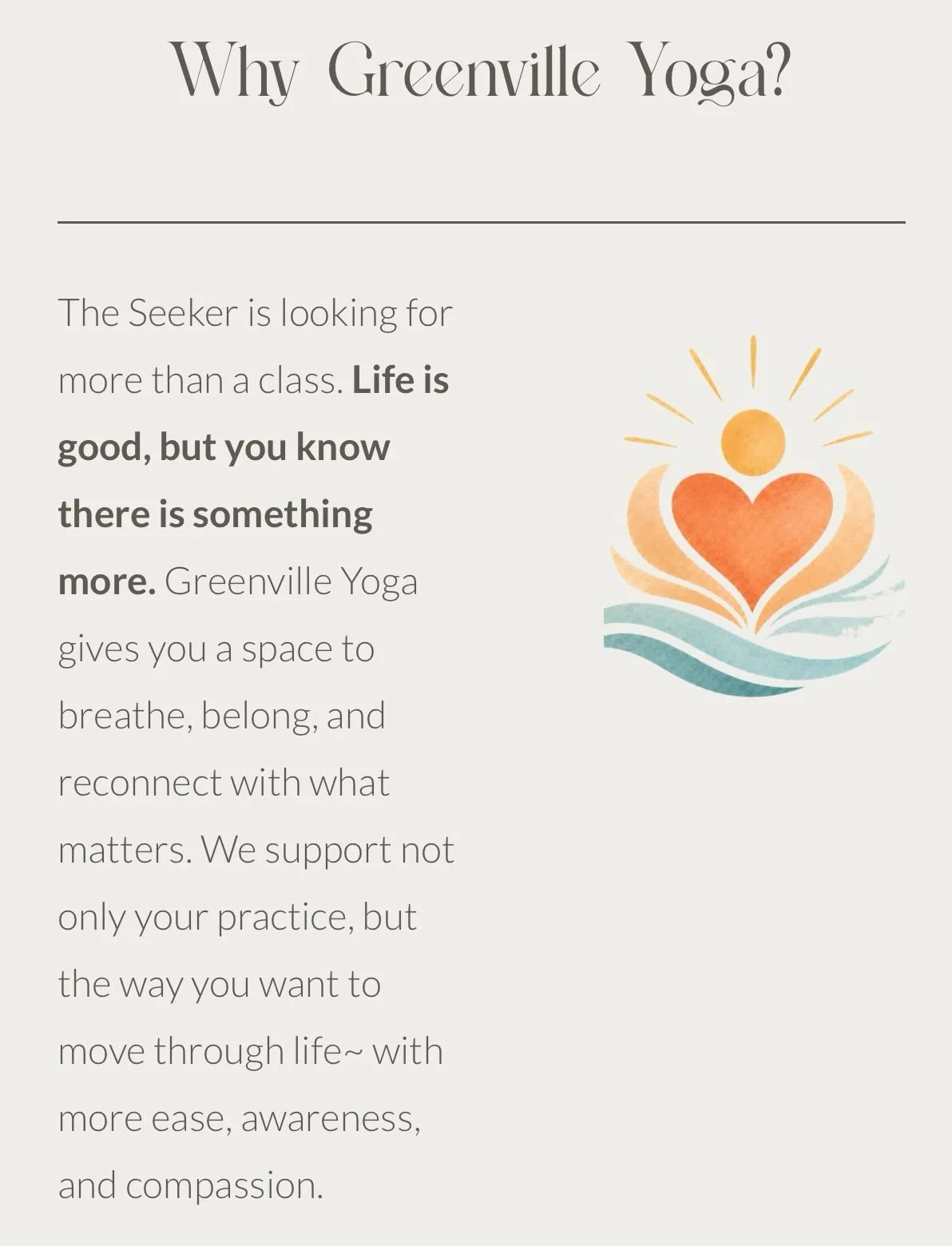 Have you seen the changes to our website? ✨

Greenville Yoga is a space to breathe, belong, and reconnect with what matters. It is for anyone looking for more ease in the body and mind, whether you are new, curious, carrying stress, or simply needing
