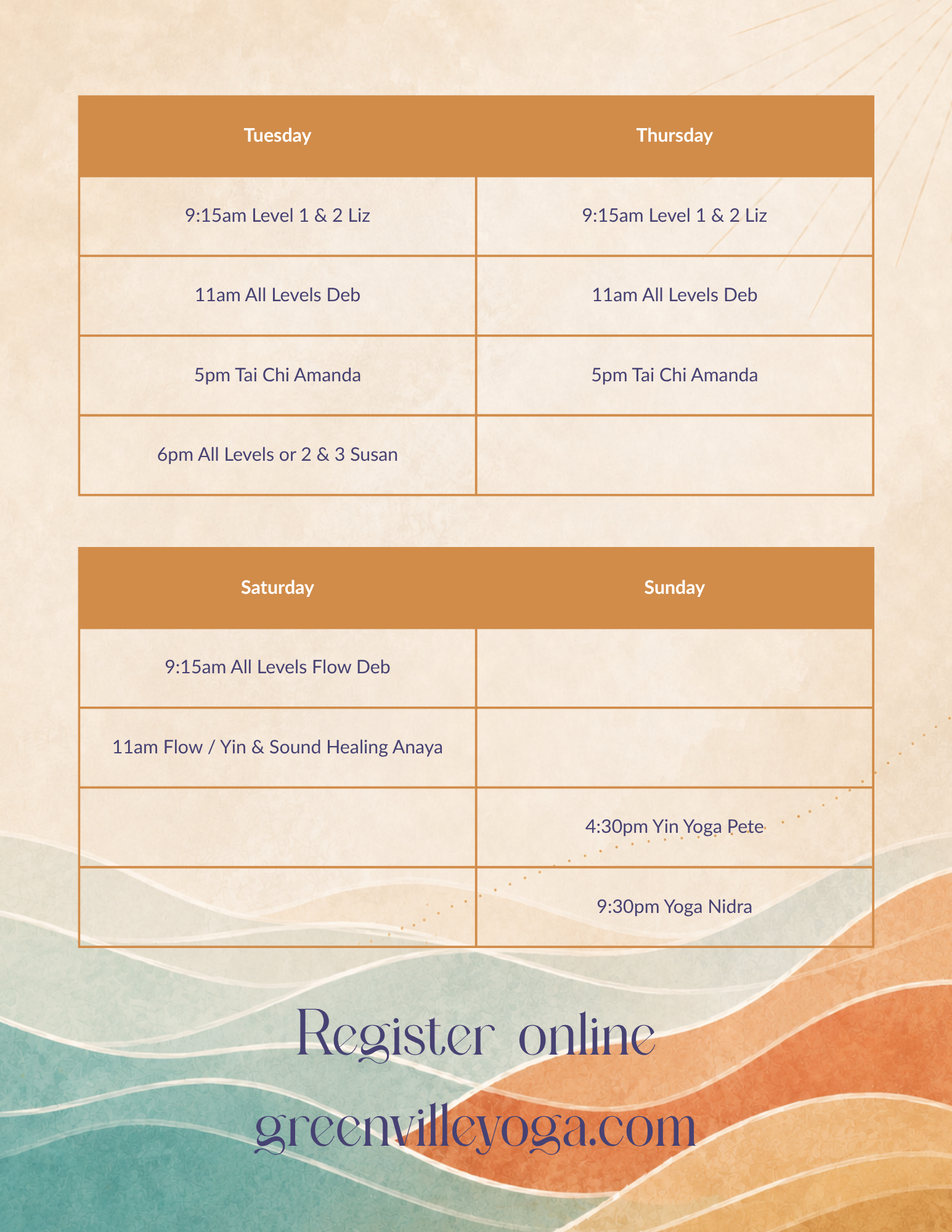 A colorful schedule or class timetable with days of the week at the top and times with class names listed below. The visible days are Tuesday, Thursday, Saturday, and Sunday, with classes such as Level 1 & 2 Liz, All Levels Deb, Tai Chi Amanda, All Levels or 2 & 3 Susan, Flow Deb, Yin & Sound Healing Anaya, Yin Yoga Pete, and Yoga Nidra. The background features a soft, textured, wave-like pattern in shades of beige, green, orange, and blue. There is also a partial message at the bottom encouraging users to register online at greenvilleyoga.com.