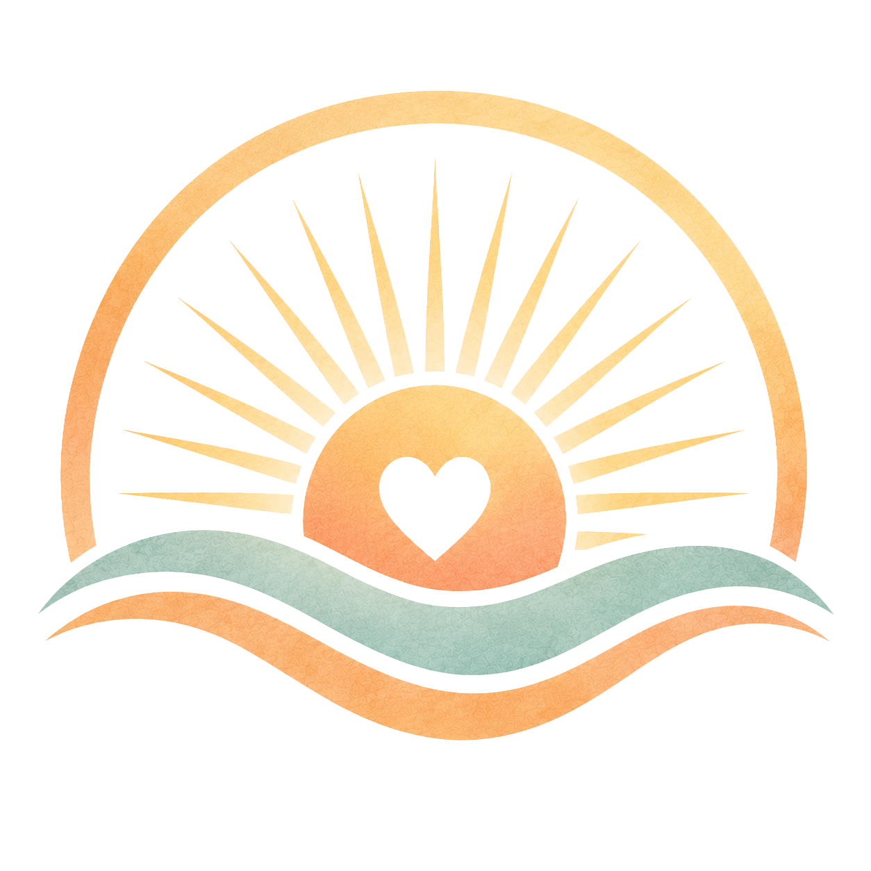 Stylized illustration of a sun rising behind green waves with a heart shape at the center, symbolizing love and nature.