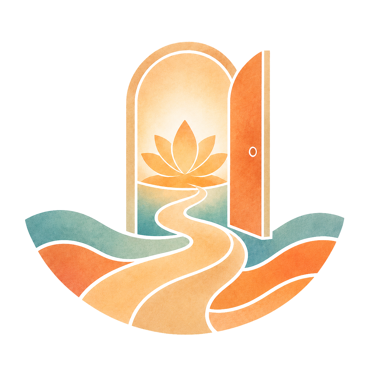 Open door revealing a glowing lotus flower and a winding path leading to it.