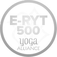 Logo for E-RYT 500 Yoga Alliance with a stylized lotus flower design.