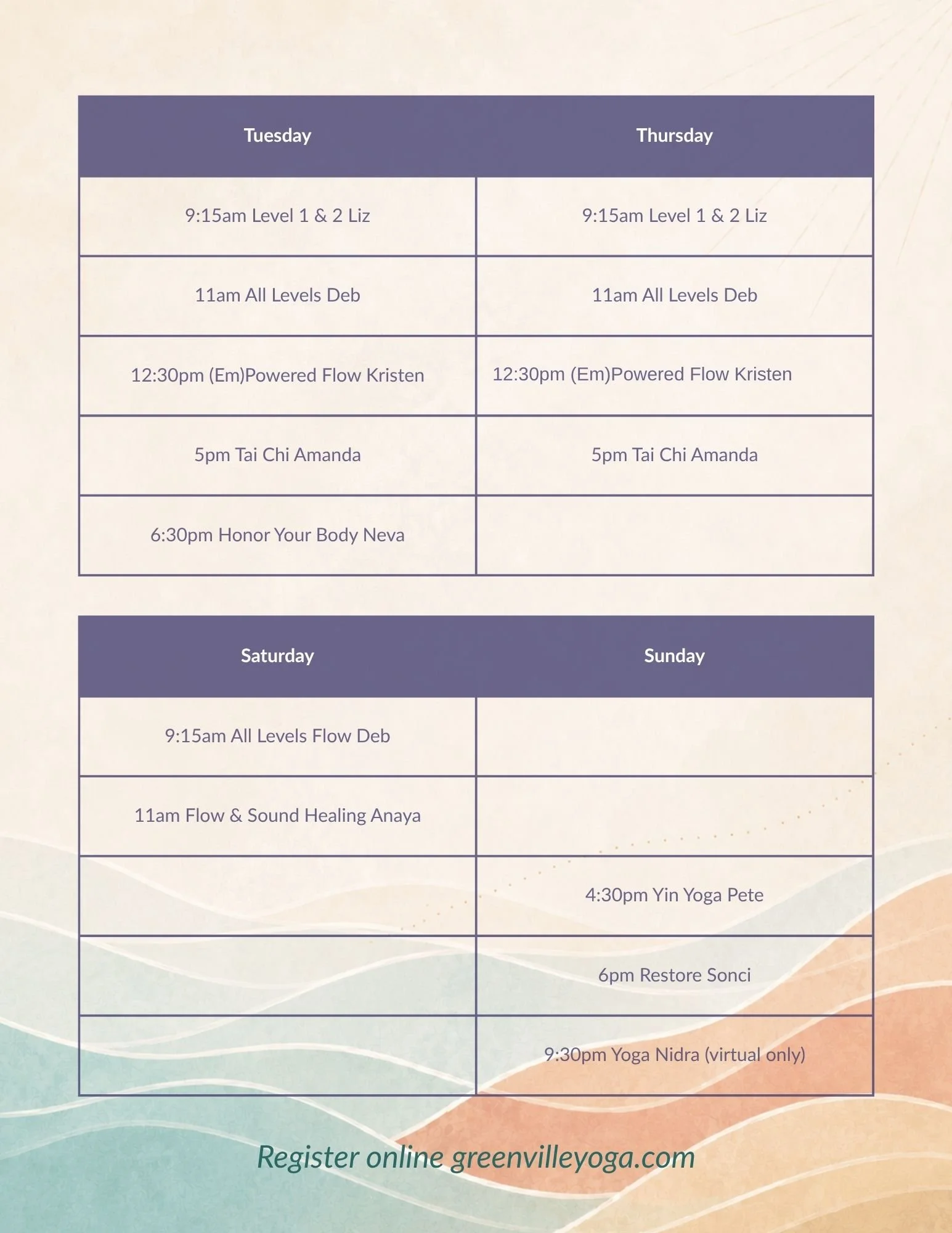 Weekly yoga class schedule with classes on Tuesday, Thursday, Saturday, and Sunday including times and instructor names, with a background of abstract pastel colors and wave patterns, and a website link at the bottom for registration.