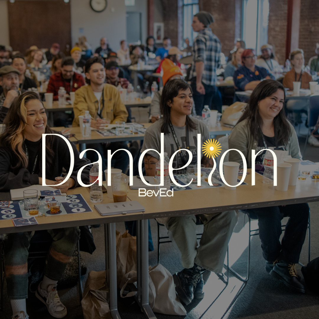 Logo design and branding for Dandelion BevEd overlayed on a picture of a group of people sitting at tables in a conference room, listening to a woman speak at the front, with some smiling and taking notes.