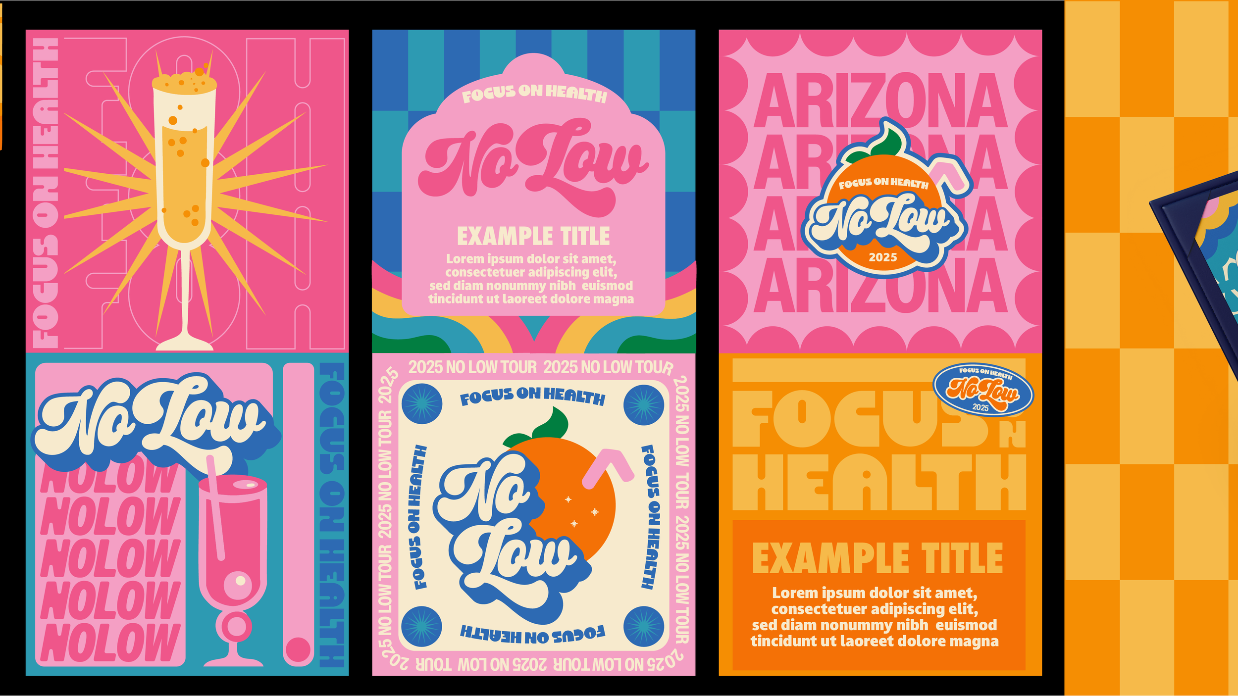 Collection of colorful posters promoting health awareness and a tour, featuring fruit illustrations, bold text, and vibrant geometric backgrounds.