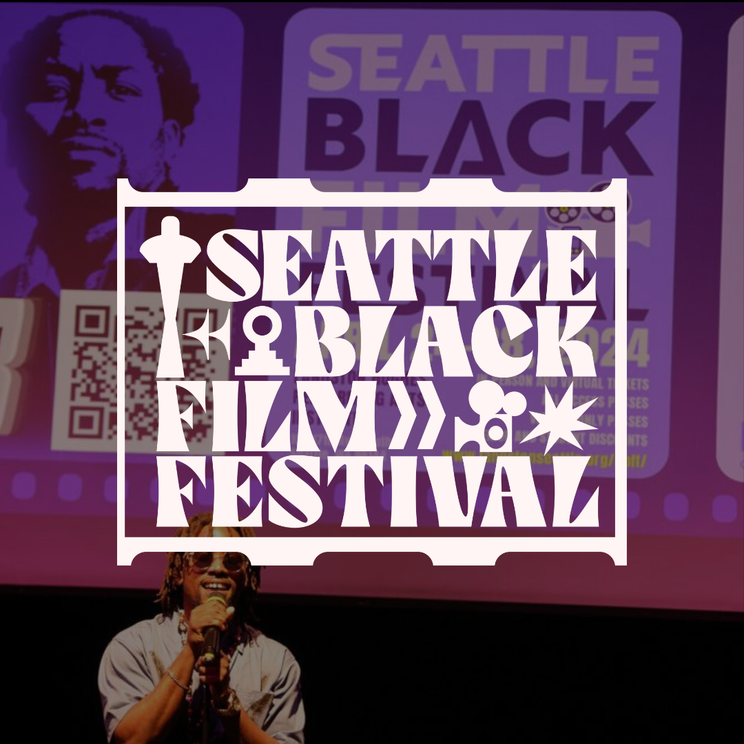 Overlay design for Seattle Black Film Festival with the event logo, featuring a stylized outline of the Space Needle and a person with dreadlocks holding a microphone, set against a purple background.