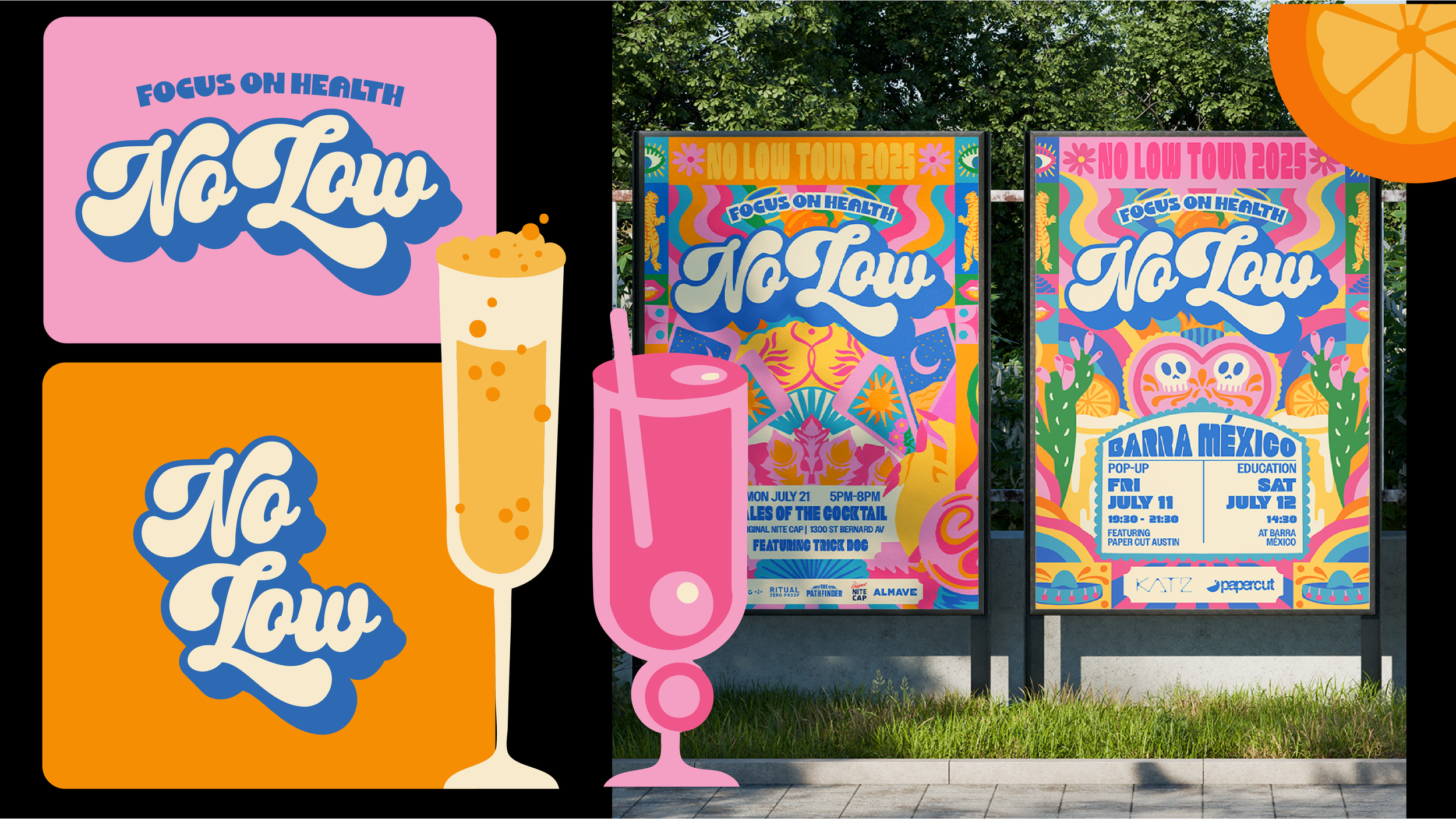 Bright, colorful graphic posters advertising NiLau events, featuring tropical-themed illustrations, pink, orange, blue, and purple colors, with details about dates, times, and locations, set against a background of green trees and a sidewalk.