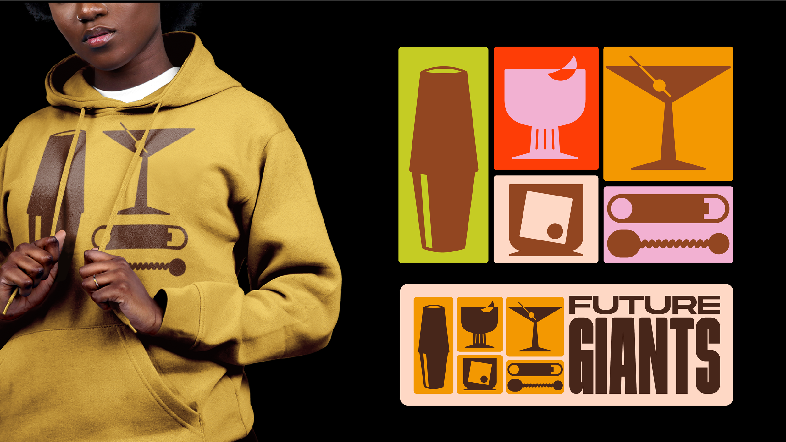 A woman wearing a mustard yellow hoodie with graphic prints of various household items including a lamp, cocktail glass, martini, TV, and a zipper. To the right, there is a graphic with the same household items and the text "FUTURE GIANTS".