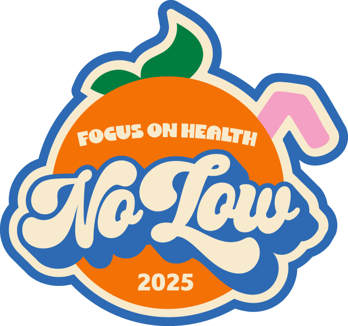 Sticker with a orange graphic, green leaves, pink and white bunny ears, featuring text 'Focus on Health No Laugh 2025' in stylized fonts.
