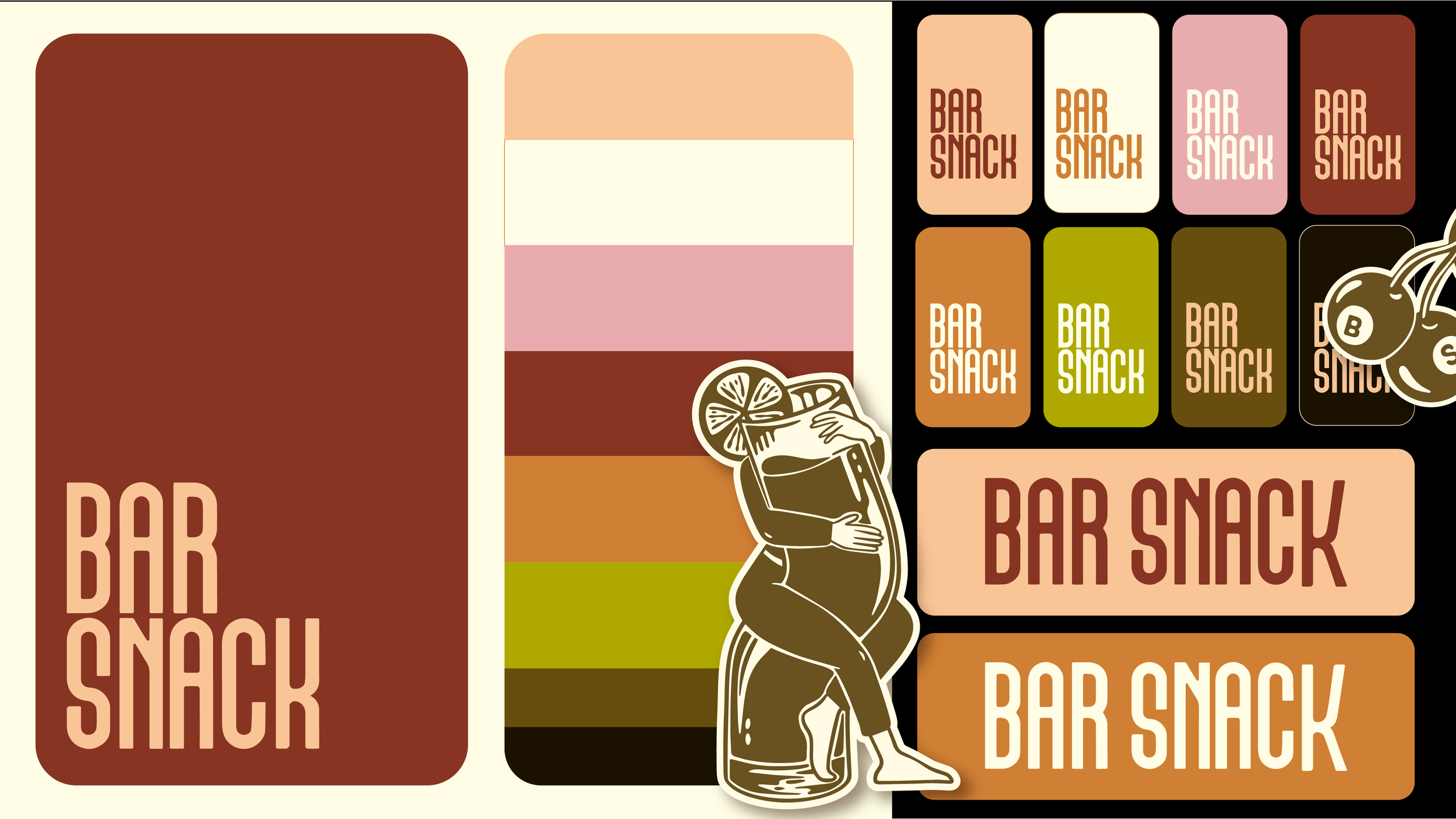 A colorful graphic design for a bar snack product featuring a variety of snack packs, a beverage illustration with a woman, and a stylized bunch of grapes on a black background