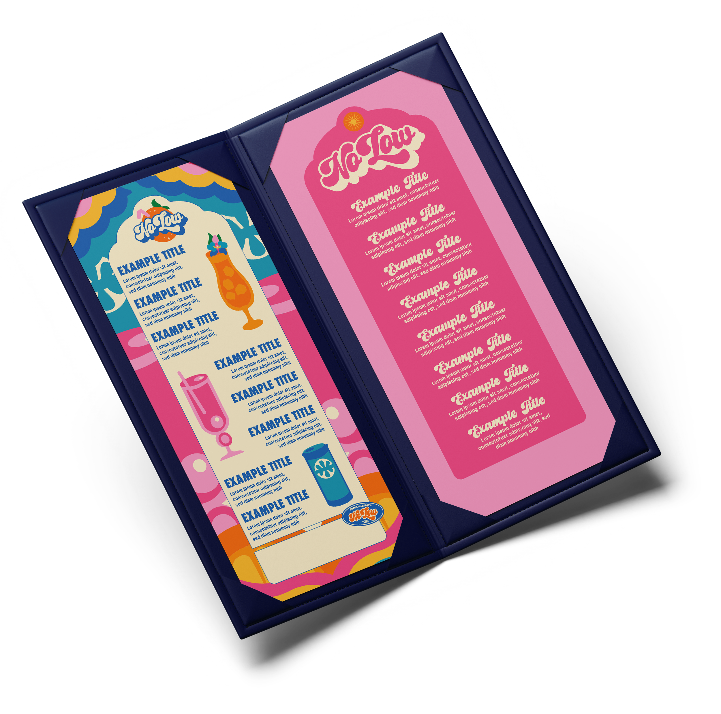Open menu with colorful, tropical-themed design featuring a drink, a coconut, a cocktail glass, a soda can, and a straw, with sections for titles and descriptions.