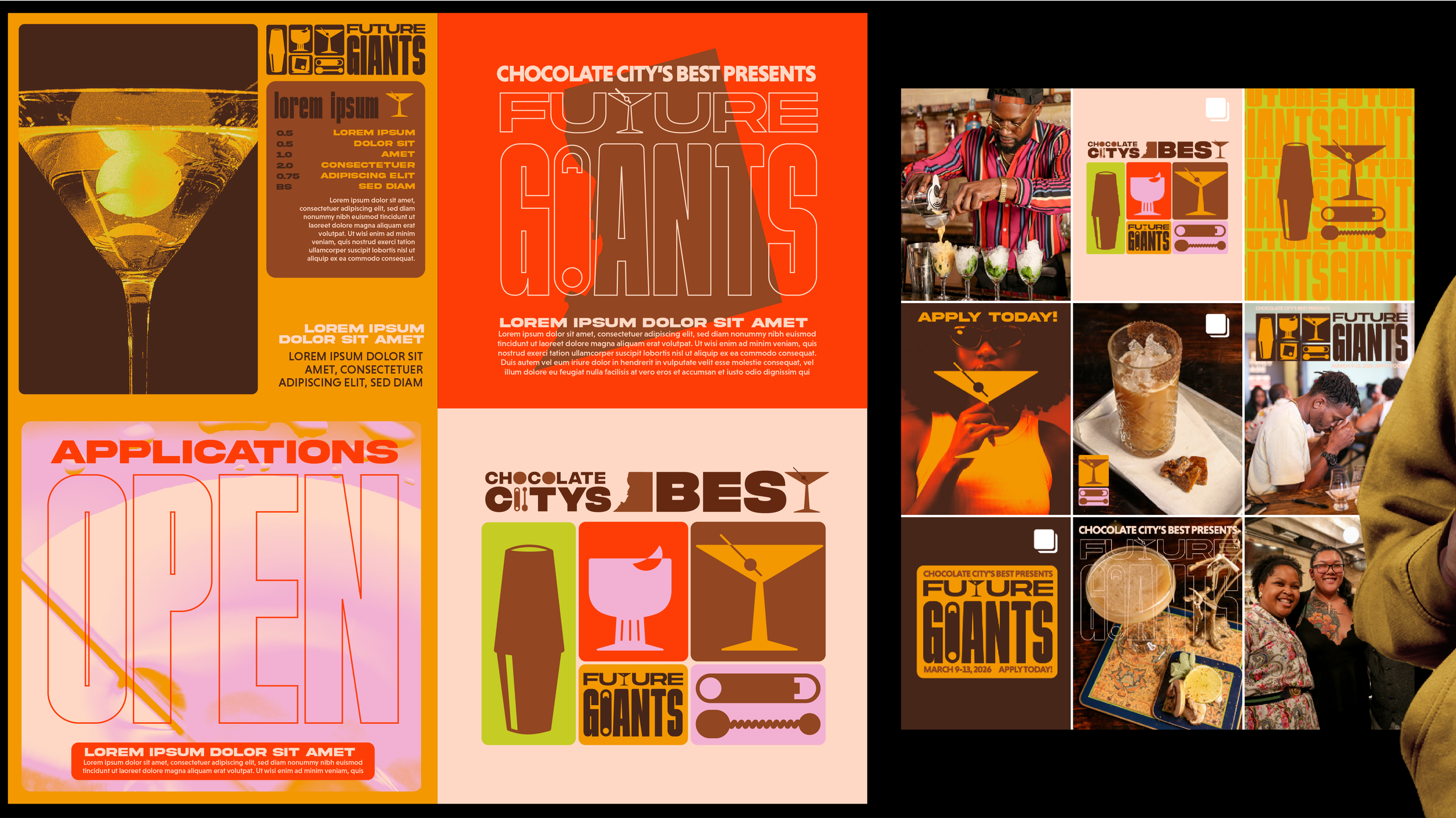 Collage of promotional posters, photos, and graphics for Future Giants, a bar or restaurant event. Features images of cocktails, food, and people dining, with bold text and colorful designs.