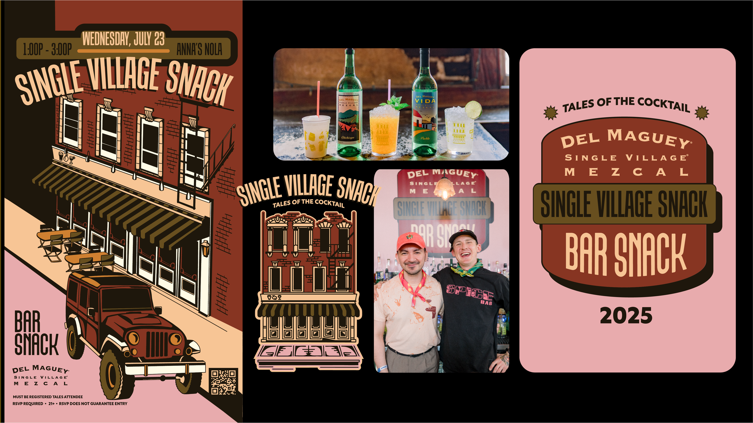 Event poster for a Single Village Snack bar snack and tales of the cocktail event at Anna's Nola on Wednesday, July 23 from 1:00 PM to 3:00 PM. The poster features graphics of a building, a bar truck, and photos of cocktails and two smiling bartender