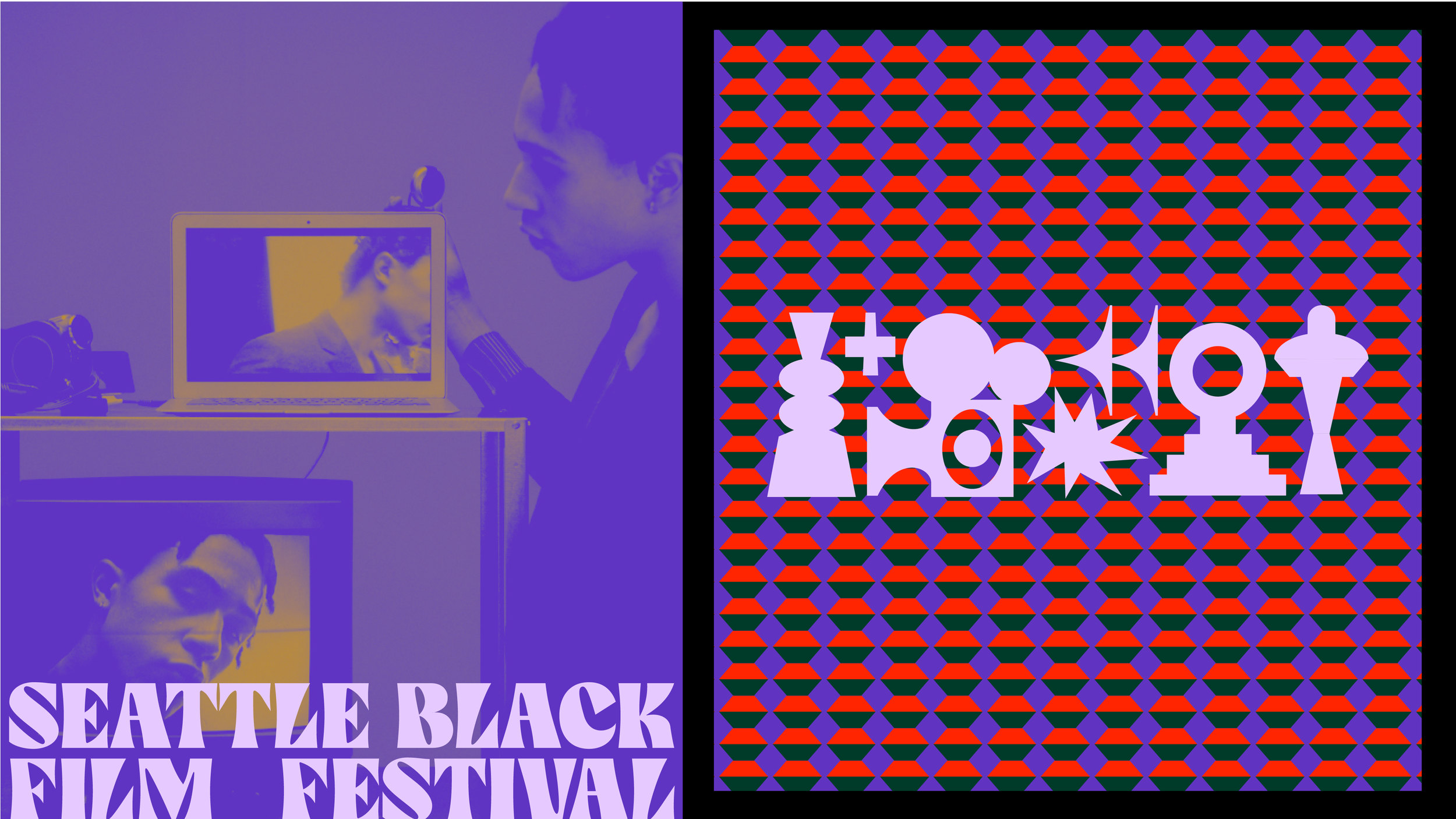A promotional poster for the Seattle Black Film Festival featuring abstract geometric background with figures resembling chess pieces and film icons, with violet and purple color themes and text in bold font.