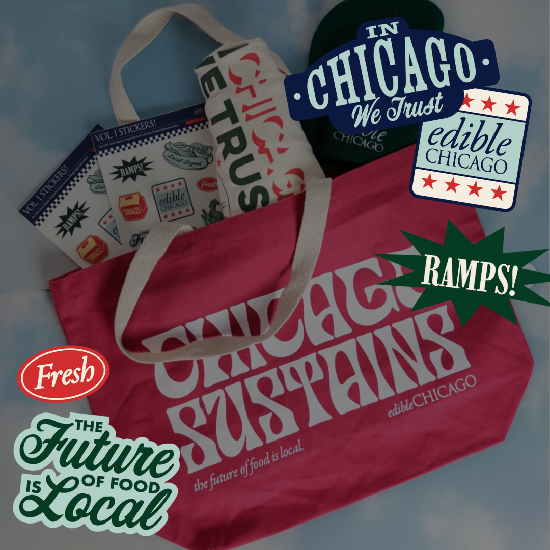 A pink tote bag filled with Chicago-themed stickers and merchandise, with various stickers and signs promoting Chicago, local food, and the future of food, against a cloudy sky background.