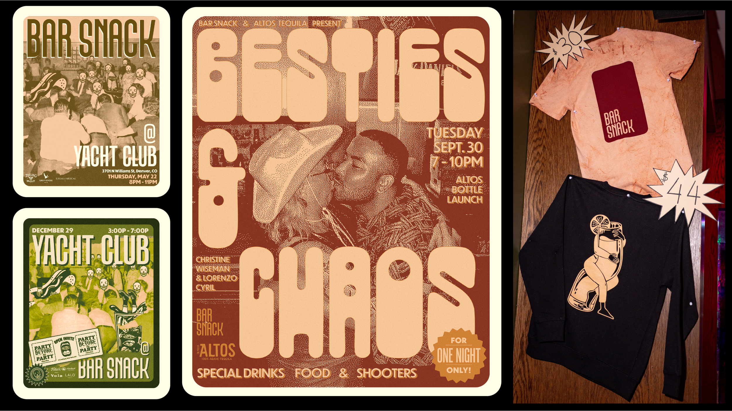 Image featuring three event posters and two T-shirts on a wooden surface. The posters advertise bar and snack events at a yacht club, with dates, times, and details about drinks, food, shooters, and entertainment. The T-shirts display a graphic of a 