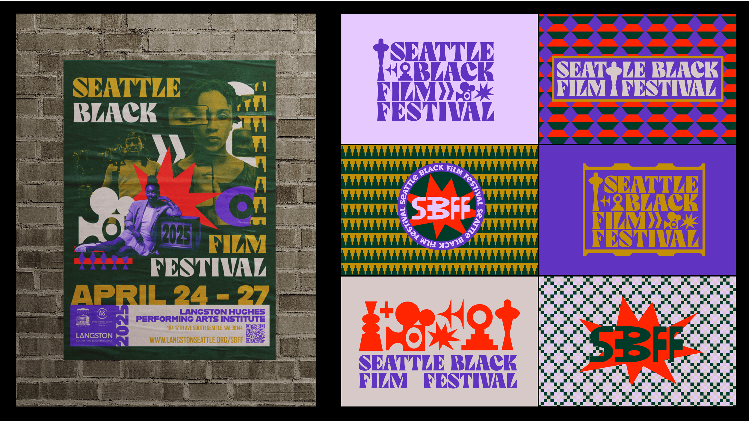 Posters for the Seattle Black Film Festival and the Seattle Black Film Festival logo. The posters feature bold colors, geometric patterns, and text promoting the event happening April 24-27 at the Langston Hughes Performing Arts Institute.