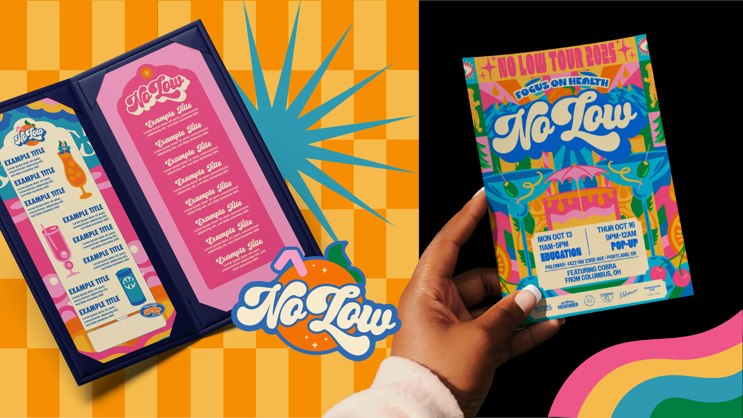 A person holding a colorful event flyer for No Low with date, time, and location details, alongside a display with information about the event, set against a vibrant, patterned background including a logo with a grapefruit and straw.