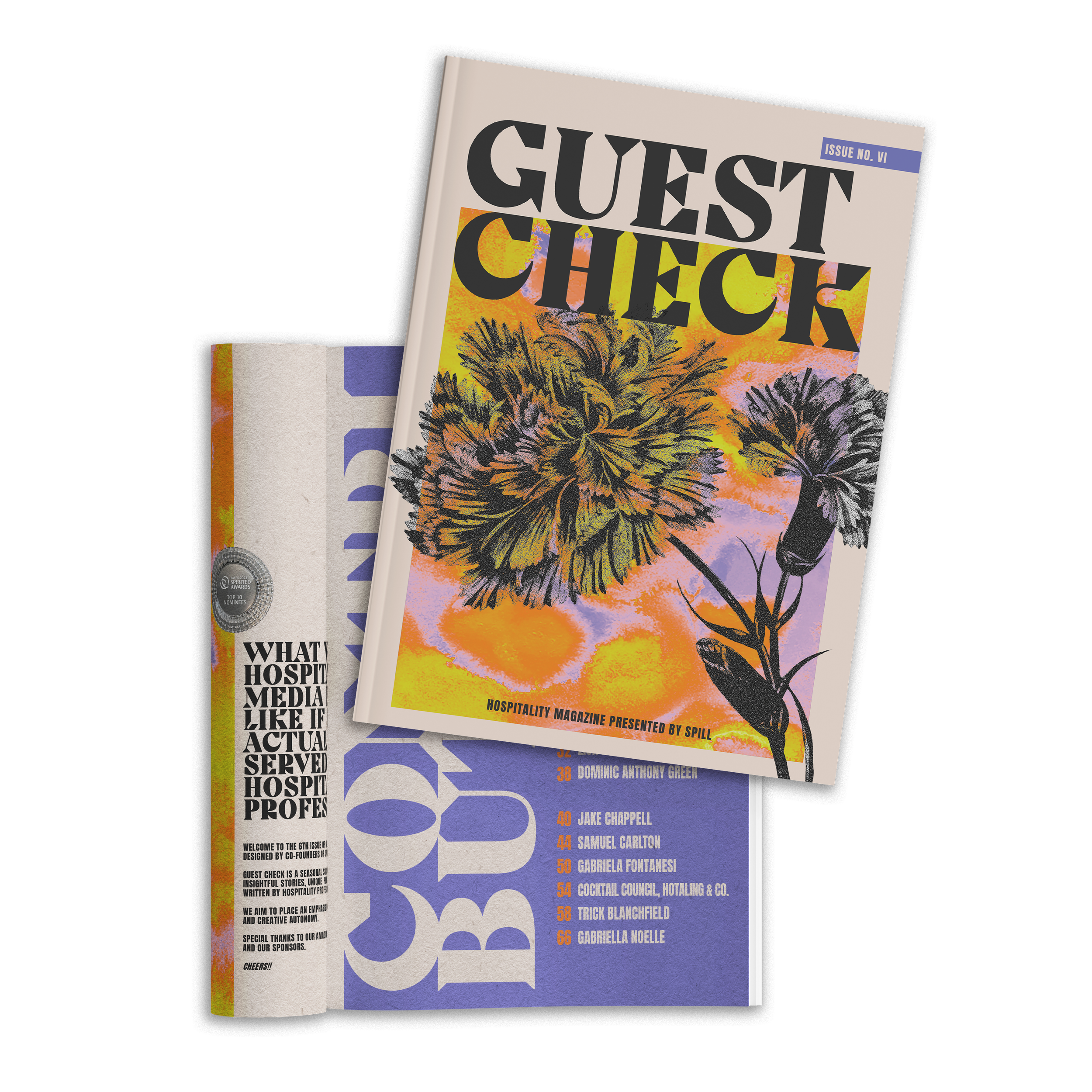 Cover of a hospitality magazine titled 'Guest Check' with an illustrated floral design and warm, sunset-like background colors.