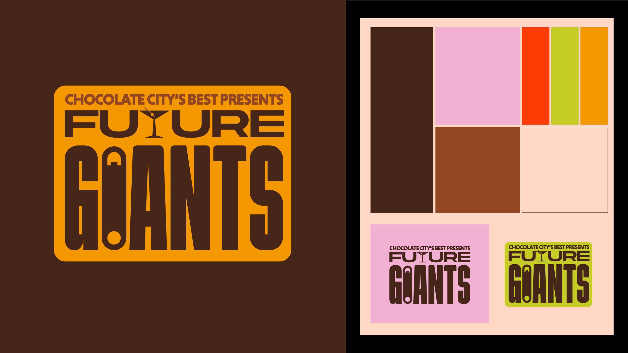 A logo with the text 'Chocolate City's Best Presents Future Giants' with a martini glass replacing the dot in the 'I' in 'Giants' on a brown background, and two smaller versions of the logo on a pink background, one in black and pink and the other in