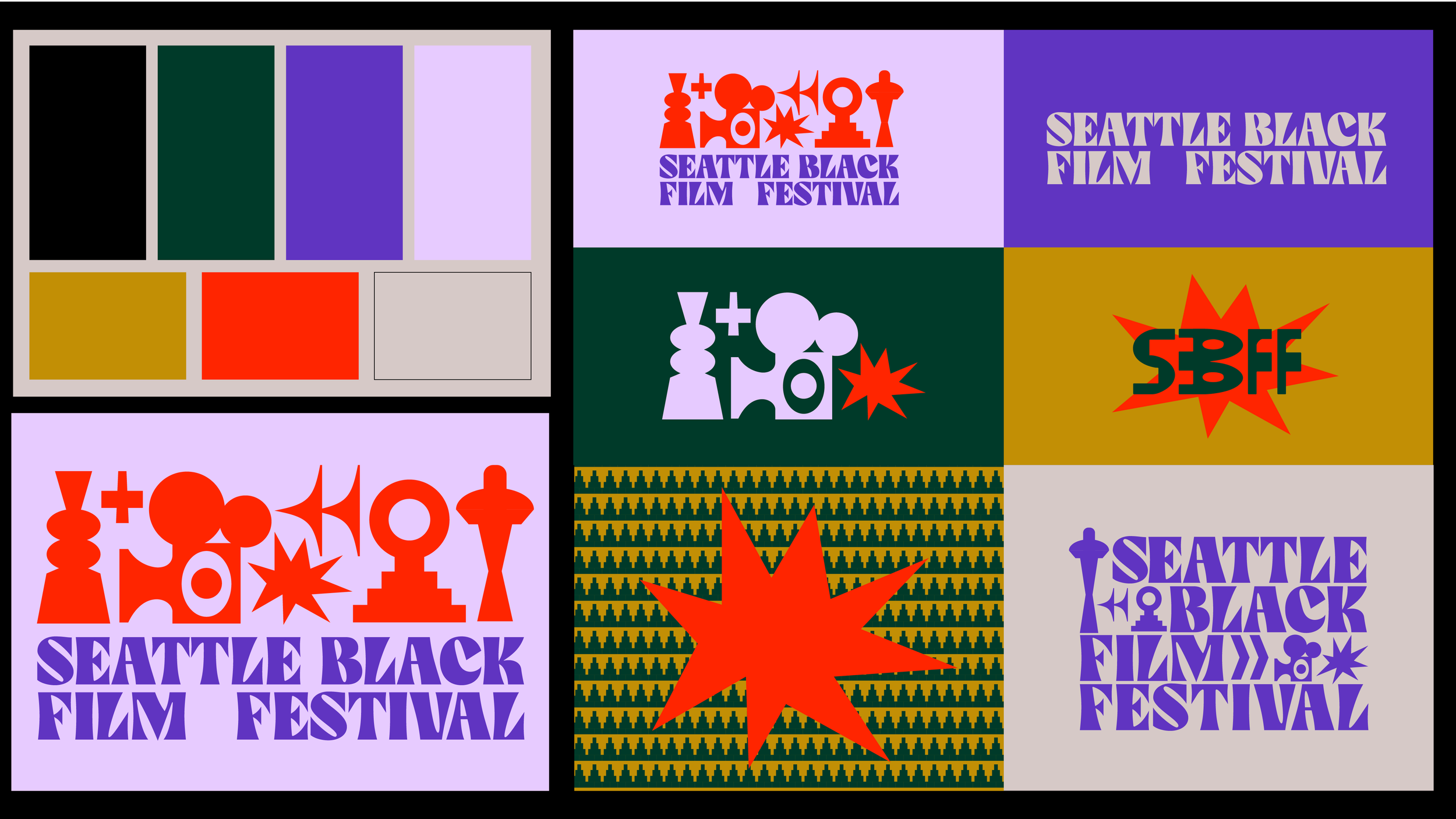 A collage of colorful designs for the Seattle Black Film Festival. Features text and symbols in purple, red, green, yellow, black, and white, with abstract shapes and patterns.