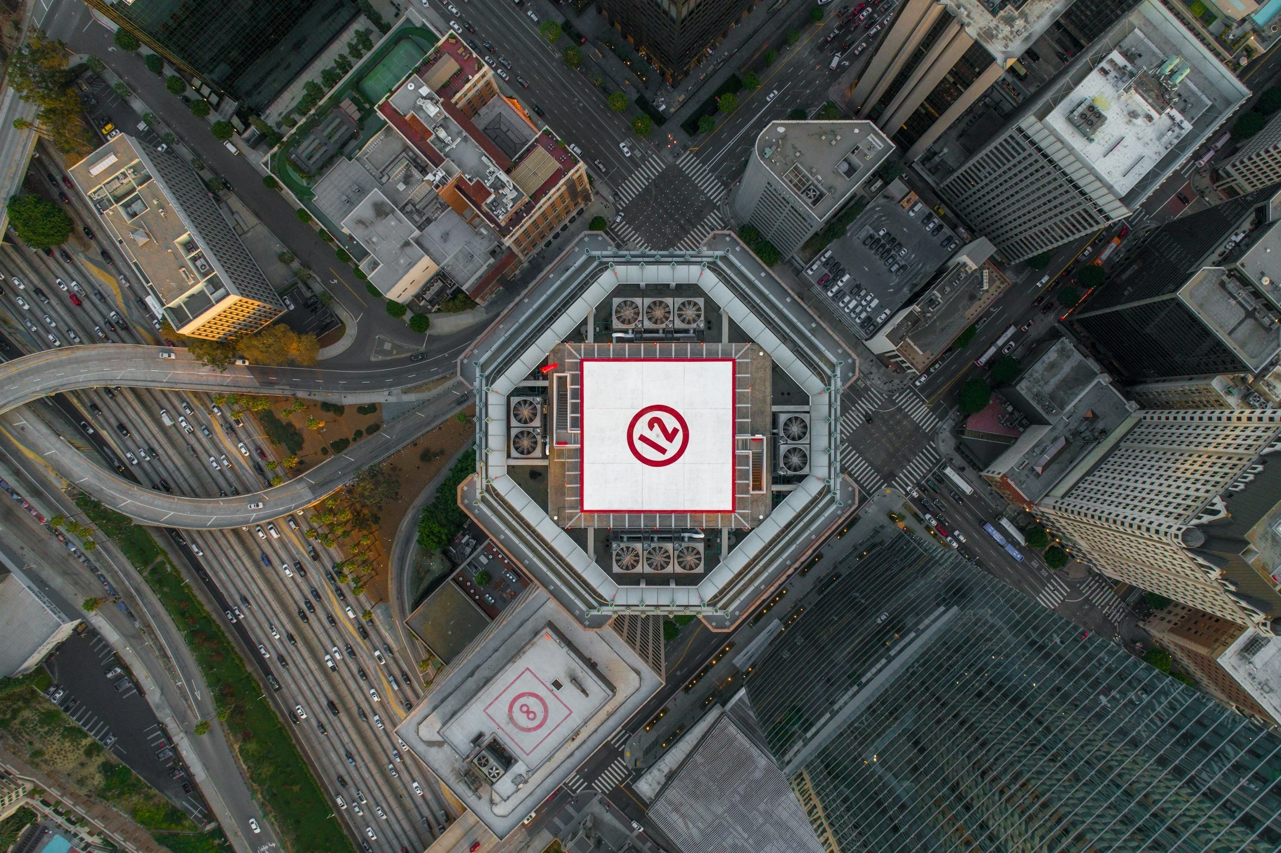 A helipad on top of an office building.
