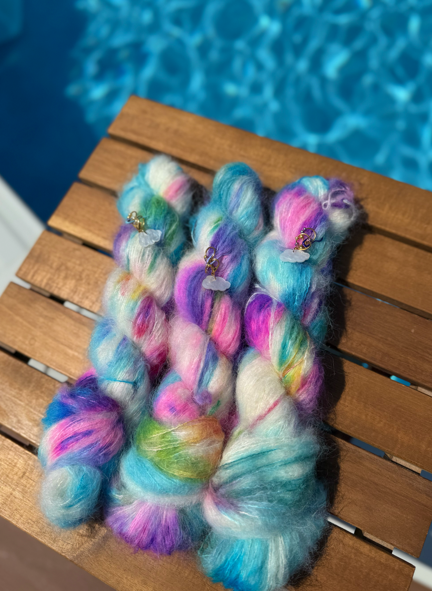 3 Spun Sugar (no mini) with Shimmering Cloud Progress Keepers and 2 stitch markers
