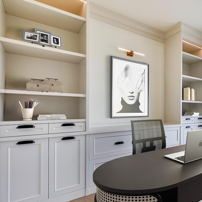 Chic little home office with custom millwork designed for our clients. 💻

It was important to create a space that was functional and looked chic at all times. We achieved this with neutral colours and a touch of black contrast. Clean lined millwork 