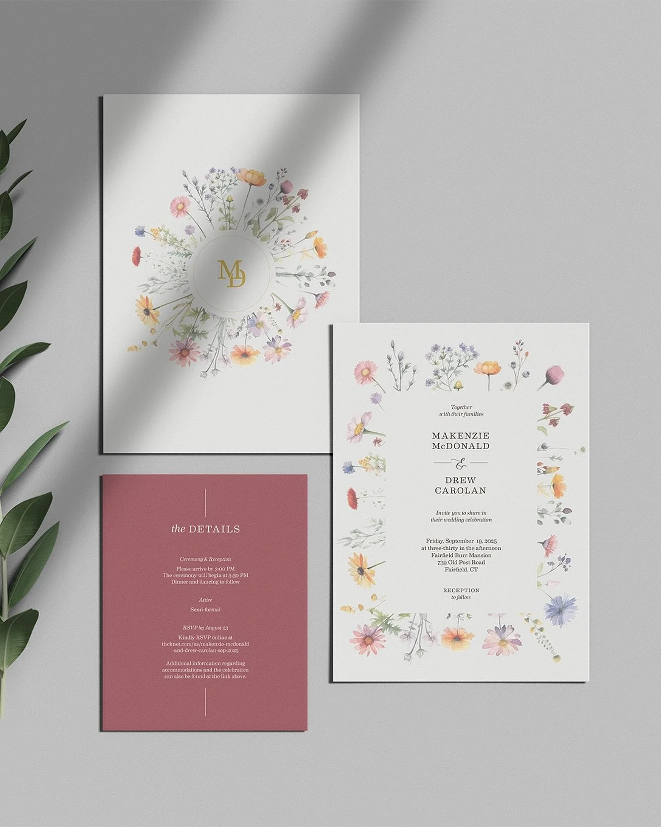 It was such a joy working with Makenzie on her wedding invitations! 

She had the most beautiful vision &mdash; wildflower details, merlot tones to match her bridesmaids, and gold accents that tied in perfectly with their mansion venue. Everything ca
