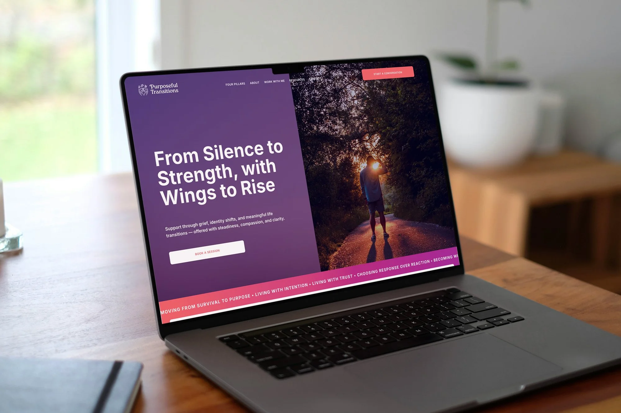 Website design for Purposeful Transitions, shown on a laptop