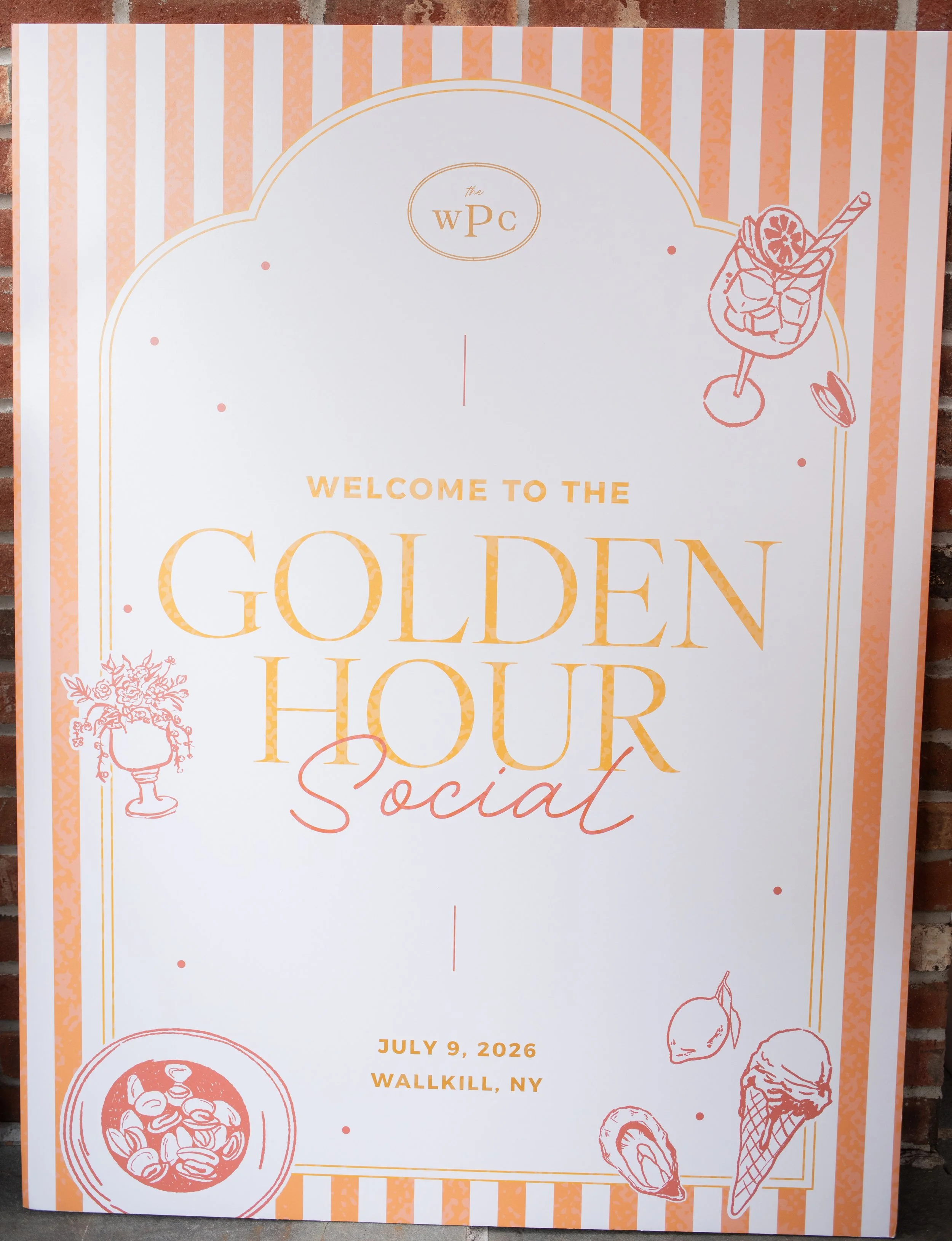 Welcome sign for the Golden Hour Social in peach, coral, and gold with the WPC monogram and hand-drawn illustrations of a spritz glass, oysters, gelato, lemons, and florals. Event signage by Studio Pierson.