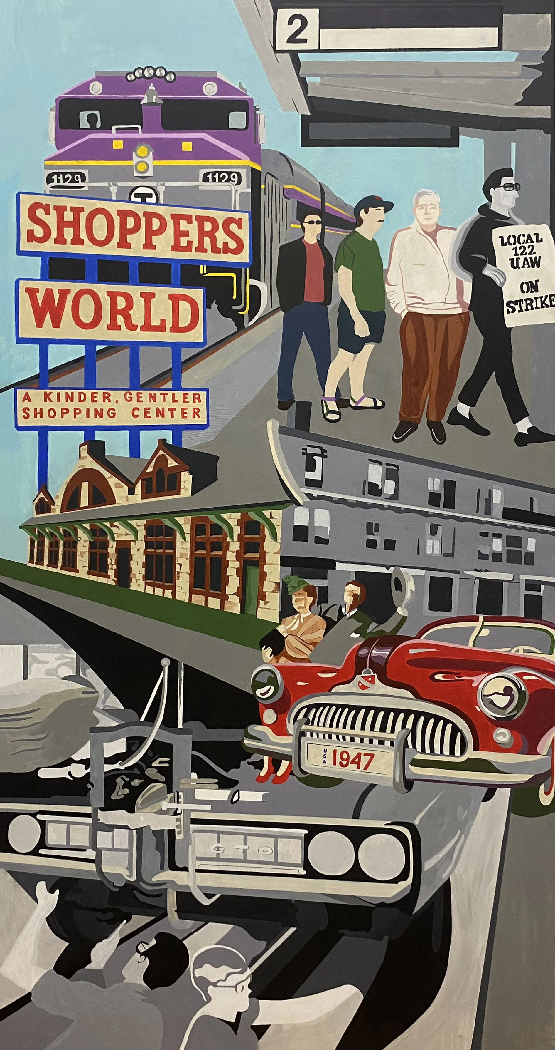 This is an image of the full mural created for the Memorial Building, Framingham City Hall in celebration of the 325th anniversary of the city's founding.