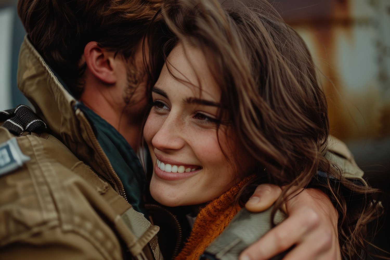 Smiling woman embracing her partner in a warm reunion hug