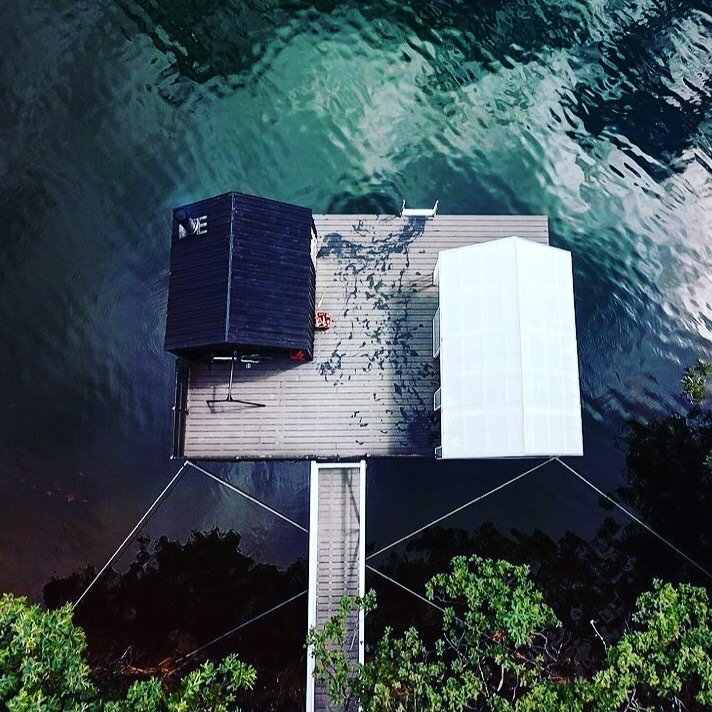 Bird&rsquo;s eye view of the only floating wood-fired #sauna in #Australia 🔥
.
.
.
,
,
,
,
,
,
,
,
,
#floatingsauna #discovertasmania #tassiestyle #coldplunge #wildswim #droneaustralia #architecturephotography