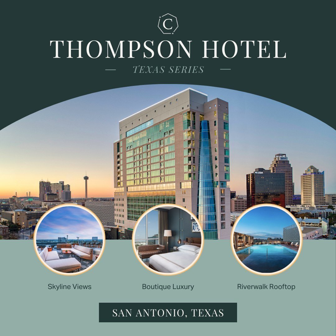 Welcome to our Texas Hotel Highlight Series! 🇨🇱

Thompson Hotel:
Get ready to be pampered in style at the Thompson Hotel on the Riverwalk in San Antonio, Texas! This gem sits snugly by the scenic San Antonio River, offering a mix of modern comforts