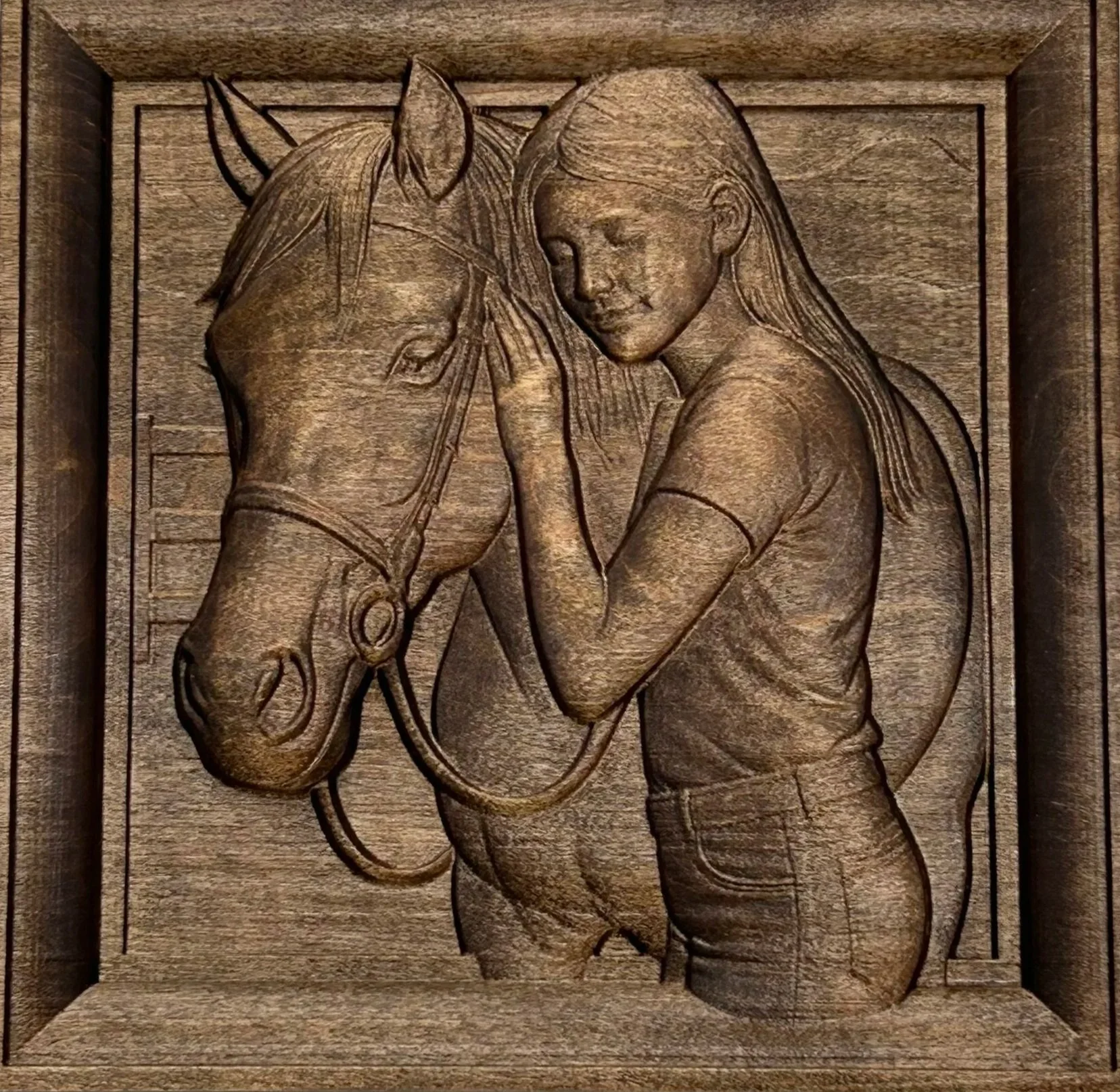 Young Lady and Her Horse - Glazed Finish  9" x 9"