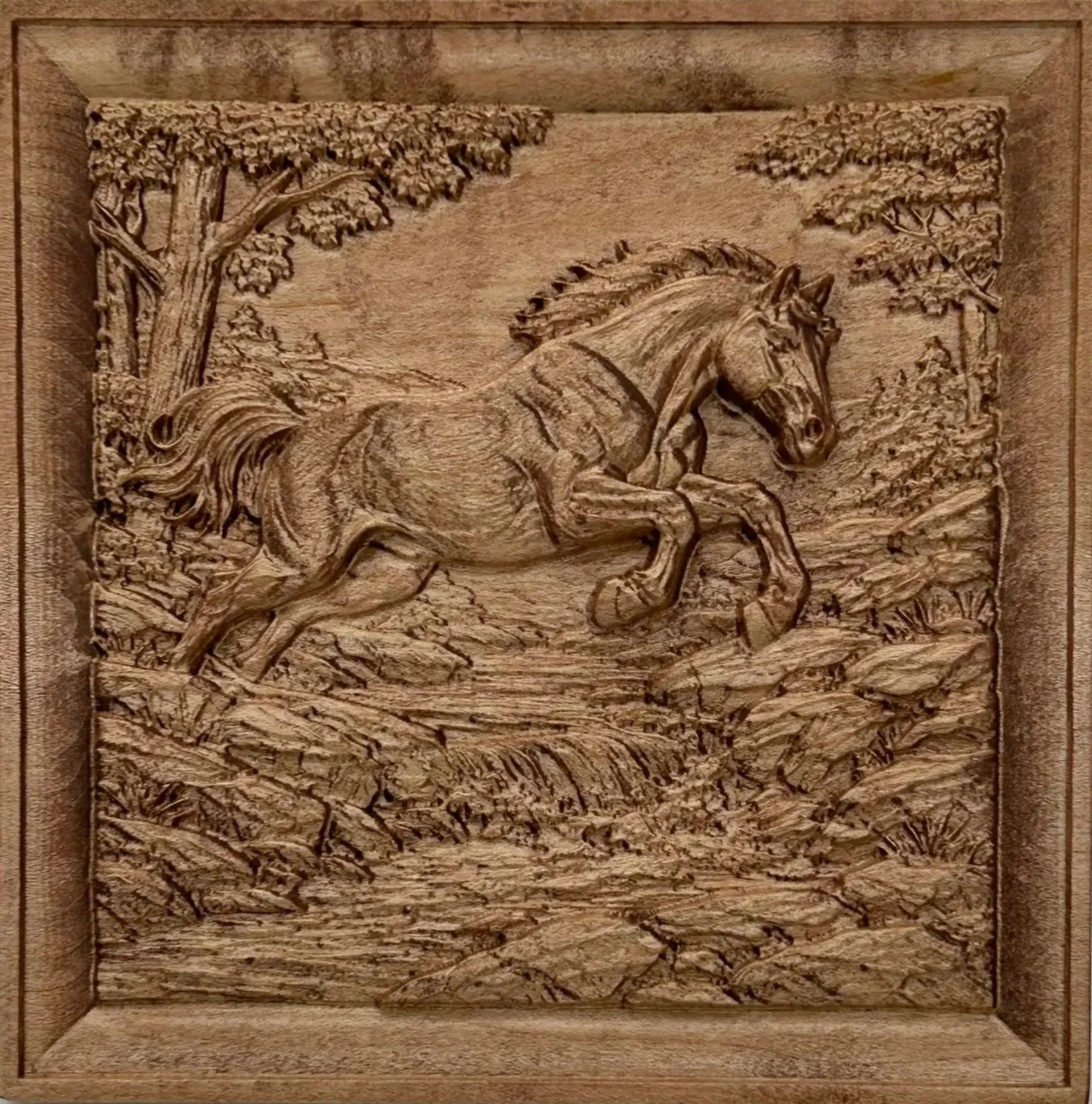 Horse Jumping Stream - Cherry Stain 9" x 9"