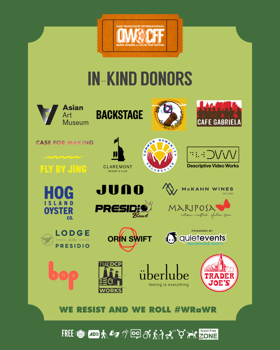 A light green promotional graphic with a dark green border featuring the in-kind donors for the San Francisco International Queer Women of Color Film Festival (QWOCFF).
At the top, an orange ticket-shaped logo reads "San Francisco International QWOCF