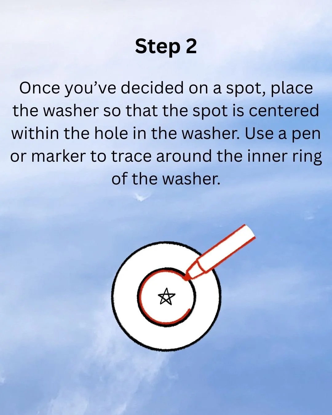 Step 2: Once you’ve decided on a spot, place the washer so that the spot is centered within the hole in the washer. Use a pen or marker to trace around the inner ring of the washer.