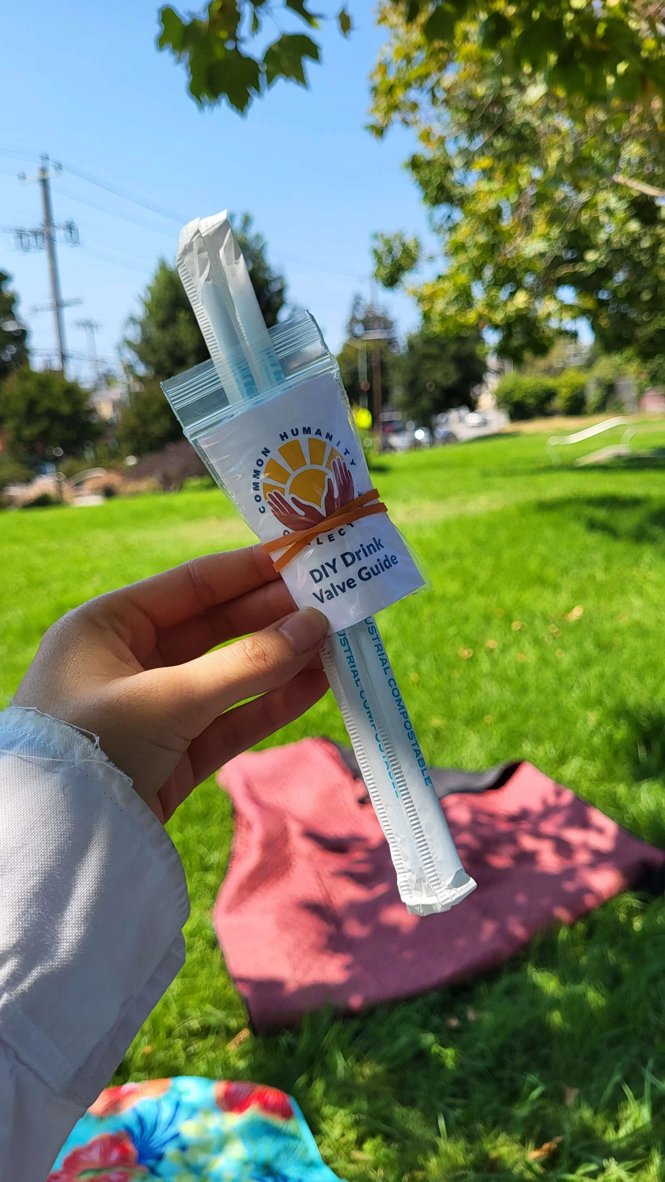 There's a hand holding two wrapped straws held with a rubber band to a plastic bag showing a paper slip that says "DIY Drink Valve Guide" and shows the Common Humanity Collective logo. The out of focus background shows green grass and a bit of a tree