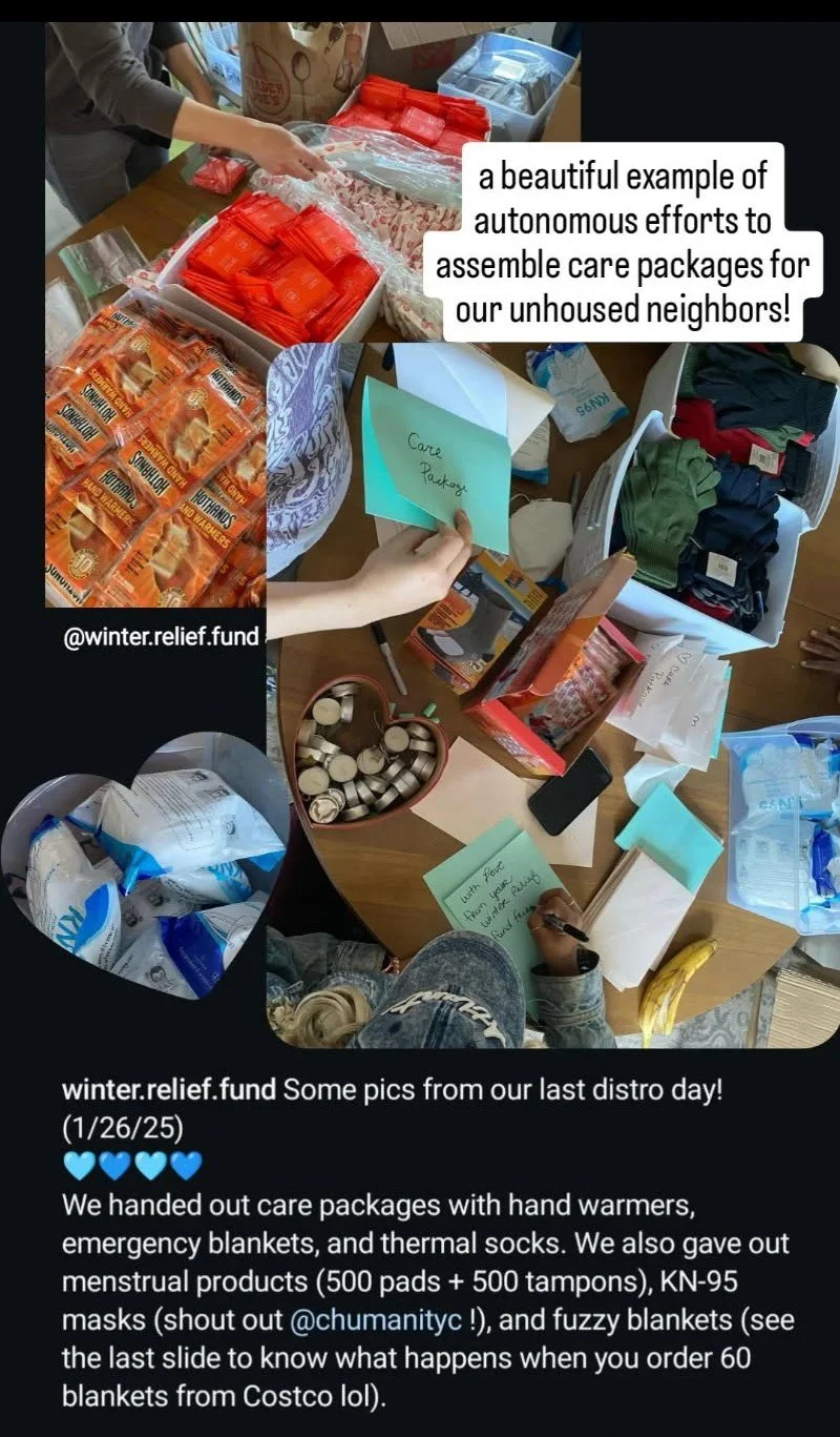 A screenshot of an Instagram story with Winter Relief Fund's caption "Some pics from our last distro day! (1/26/25) We handed out care packages with hand warmers, emergency blankets, and thermal socks. We also gave out menstrual products (500 pads +