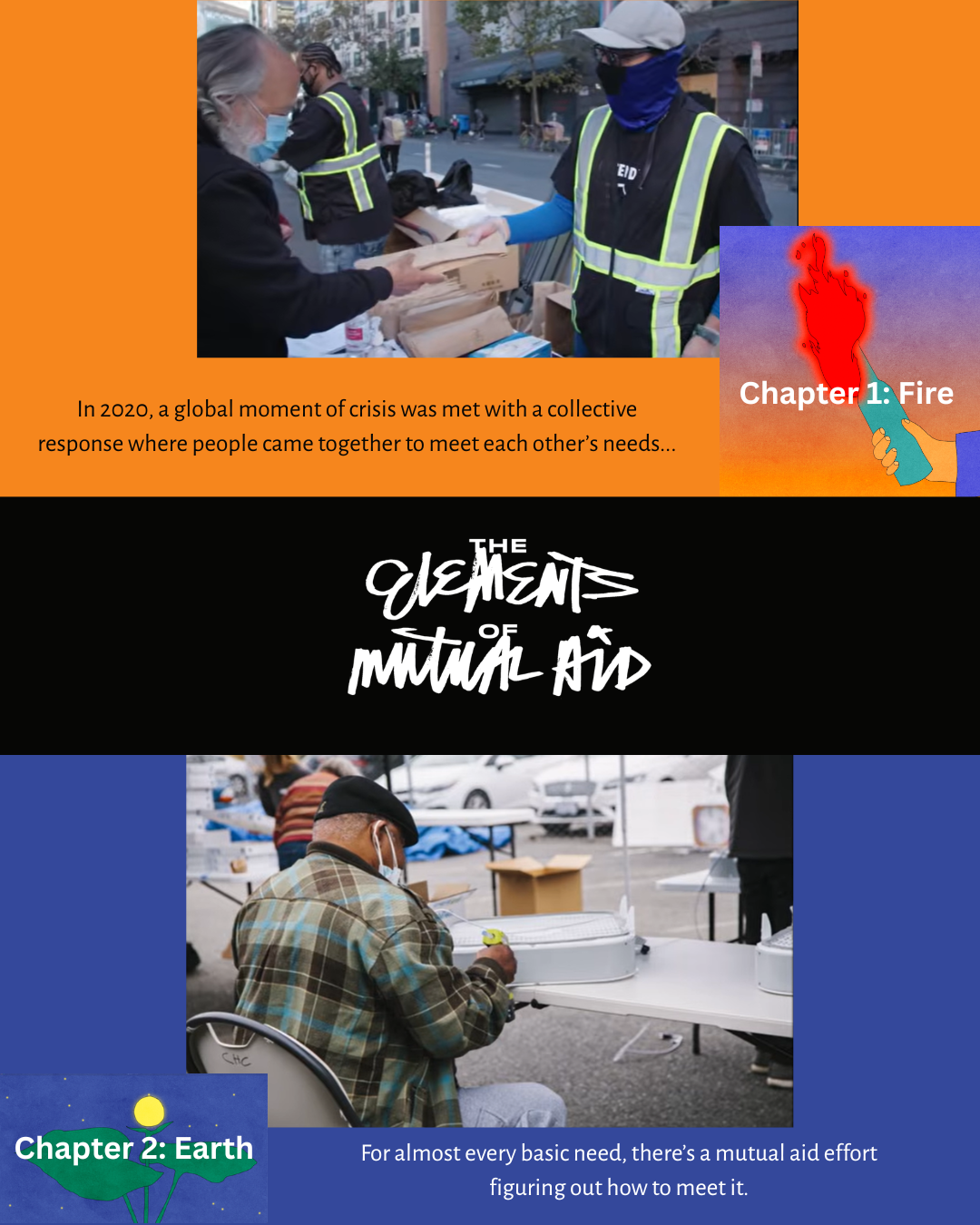 At the center of the graphic is a black bar with "The Elements of Mutual Aid" logo. The top of the graphic is a screengrab from Chapter 1: Fire of the docuseries, which features masked people handing out and receiving DIY masks made by CHC. The accom