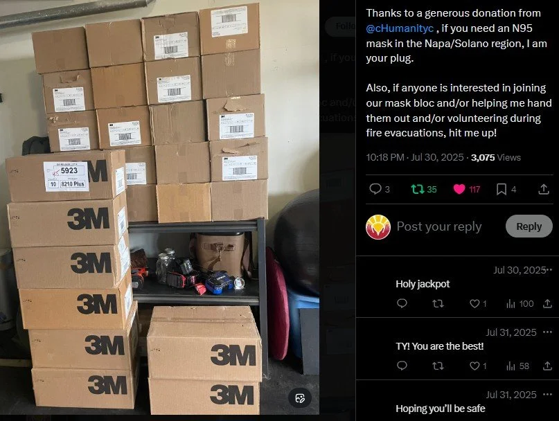 A social media post from Napa Solano Mask Bloc that includes a picture of several stacked columns of 3M mask boxes. The post reads "Thanks to a generous donation from @cHumanityc, if you need an N95 mask in the Napa/Solano region, I am your plug. 

A